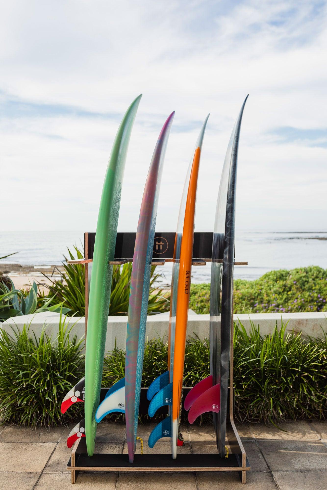 Formatt Q8 Freestanding Surfboard Rack - Black with board outdoor