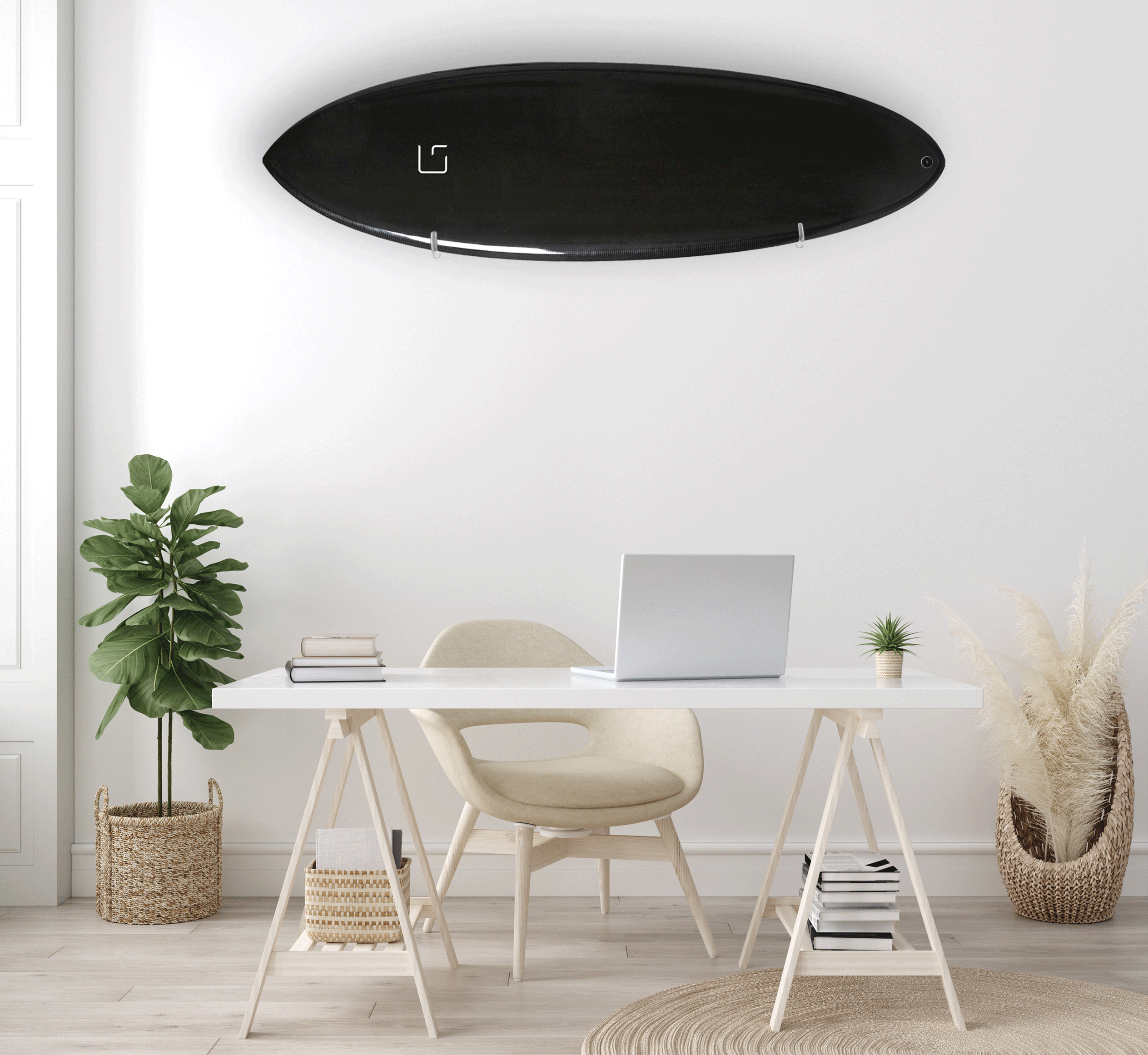 Ghost Racks Overhead Leaner Surfboard Wall Rack holding black surfboard