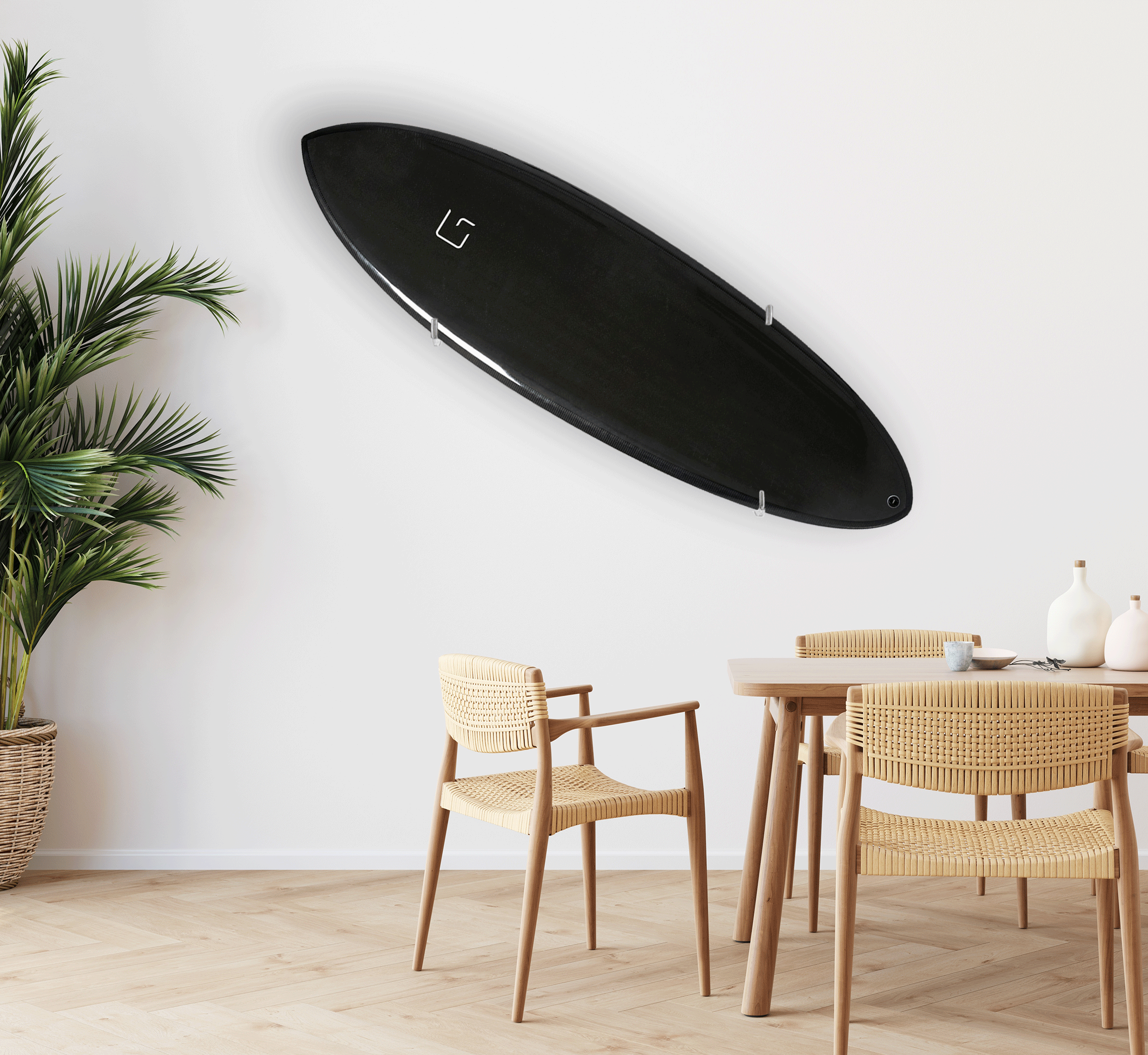 Ghost Racks Multi-Angled Surfboard Wall Rack Mount holding a black surfboard