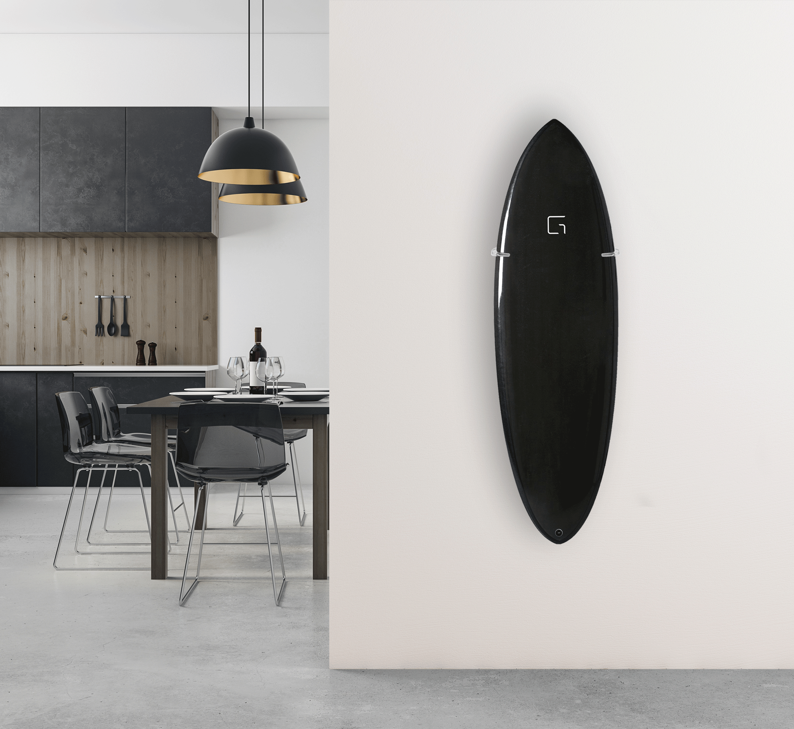 Ghost Racks Vertical Surfboard Adjustable Wall Display Rack holding a black single fin surfboard