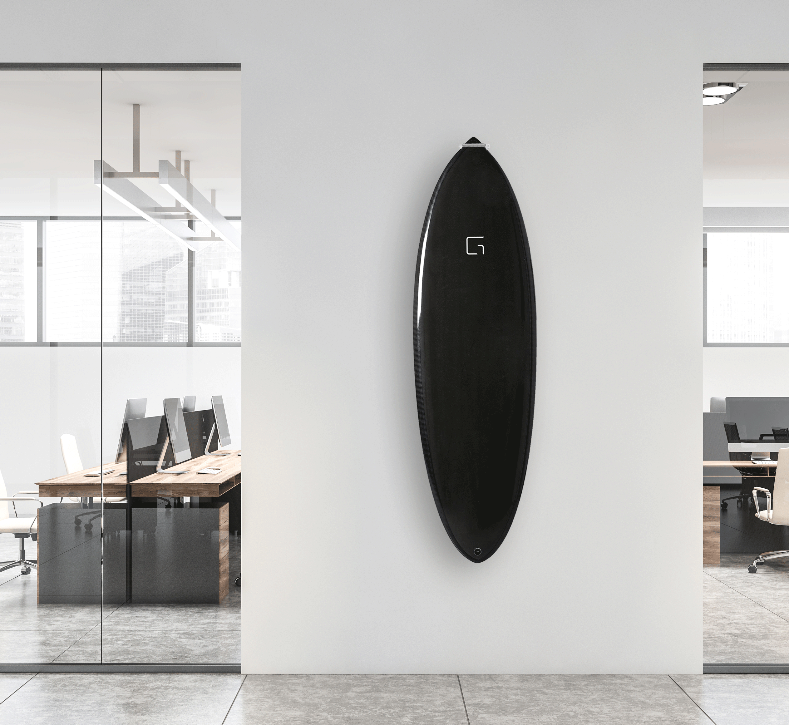 Ghost Racks Vertical Surfboard Wall Rack holding a black surfboard