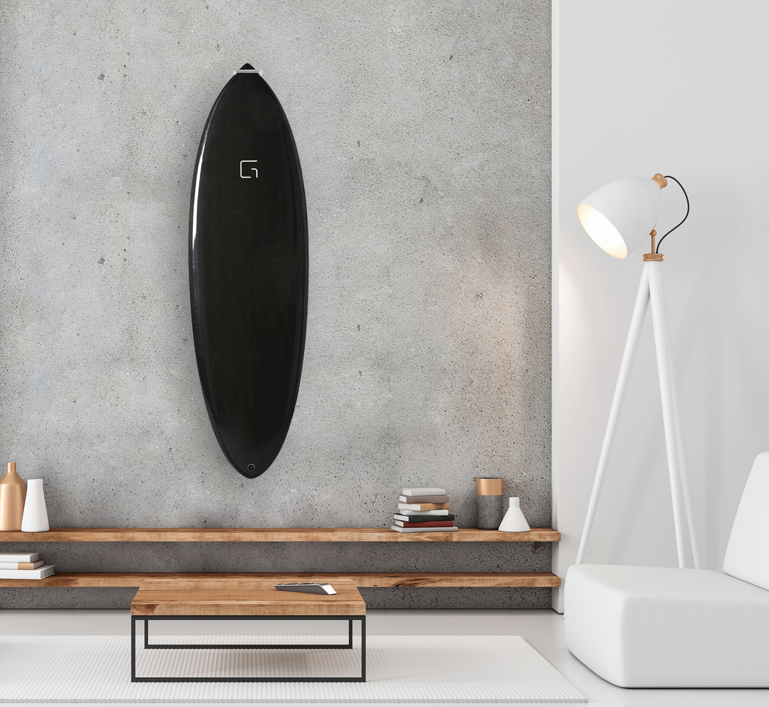 Ghost Racks Vertical Surfboard Wall Display Rack holding black surfboard
