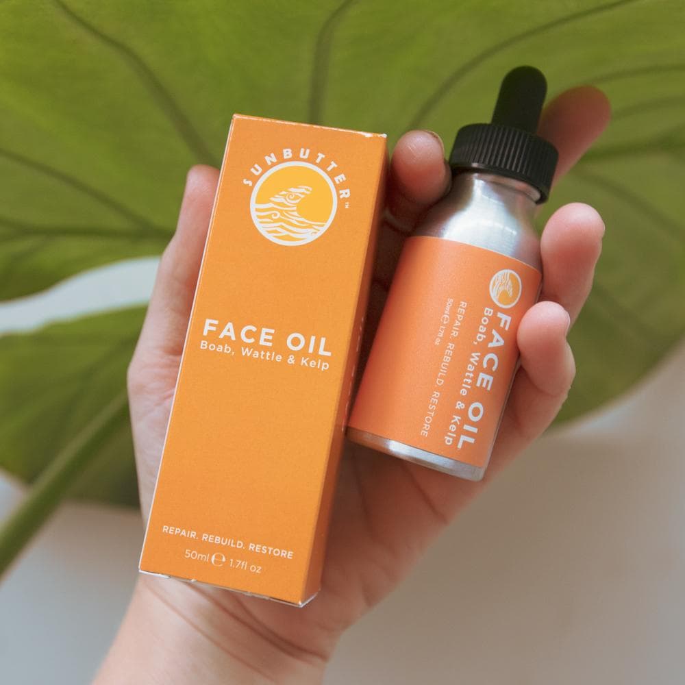 SunButter Face Oil Boab, Wattle & Kelp packaging