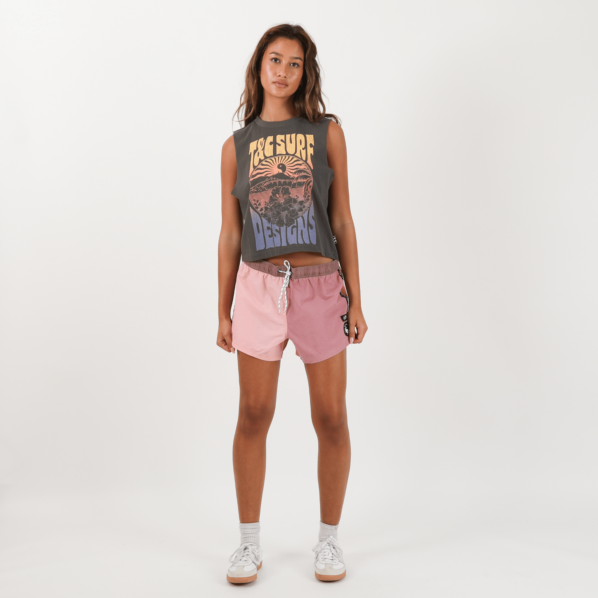 Model wearing shorts front