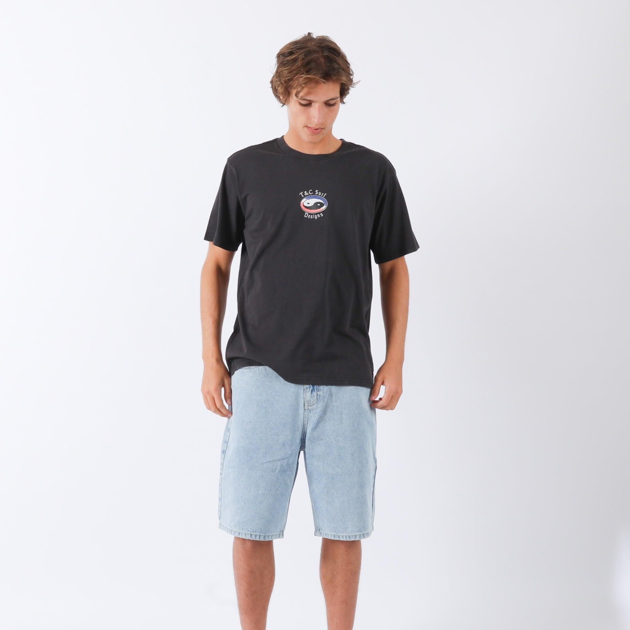 Side view of denim shorts