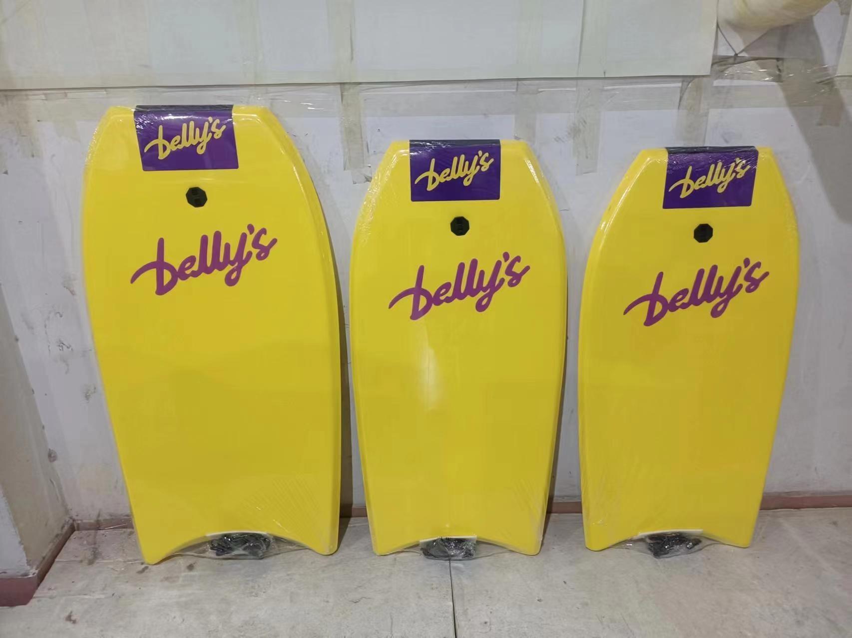 Three yellow bodyboards front