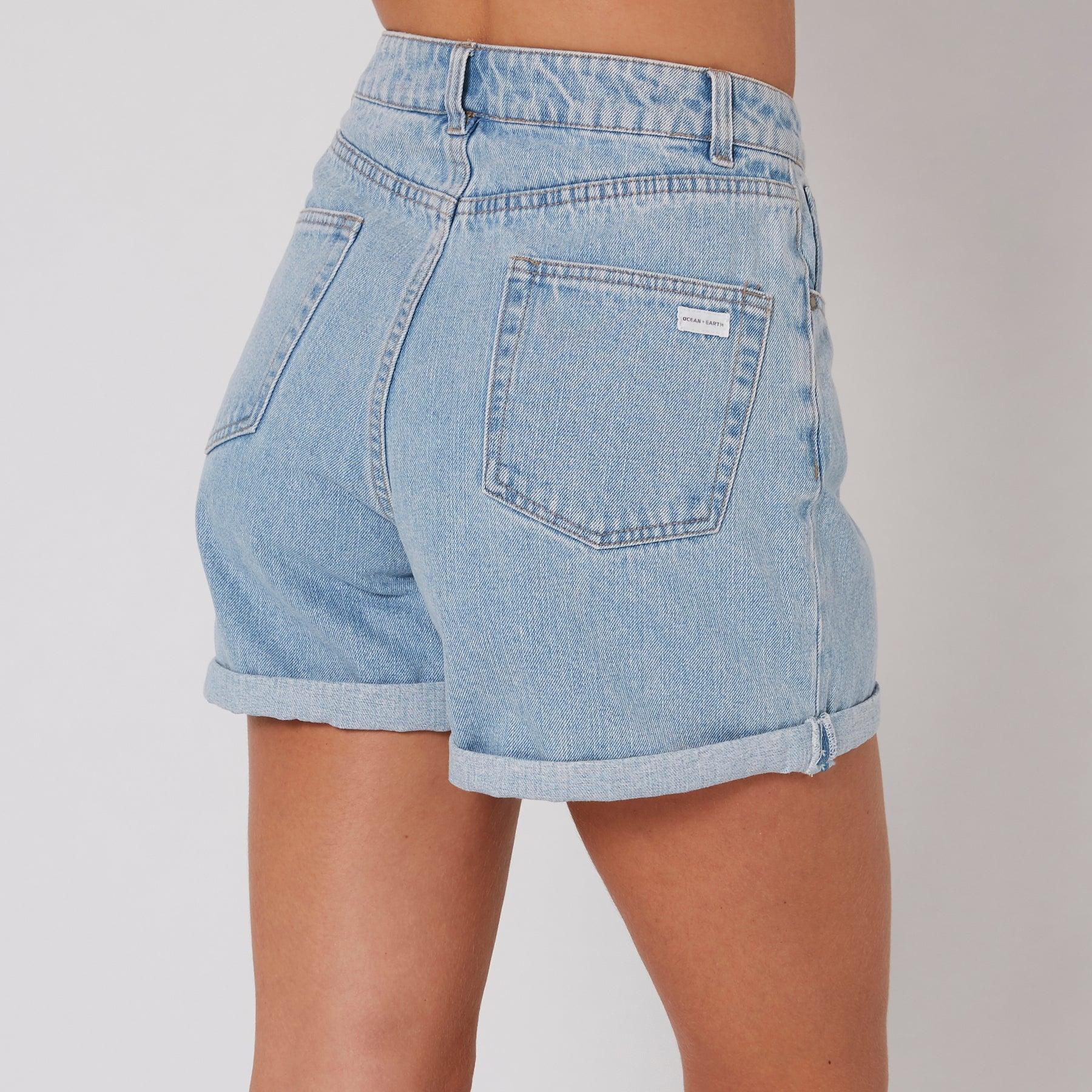 Side view of denim shorts