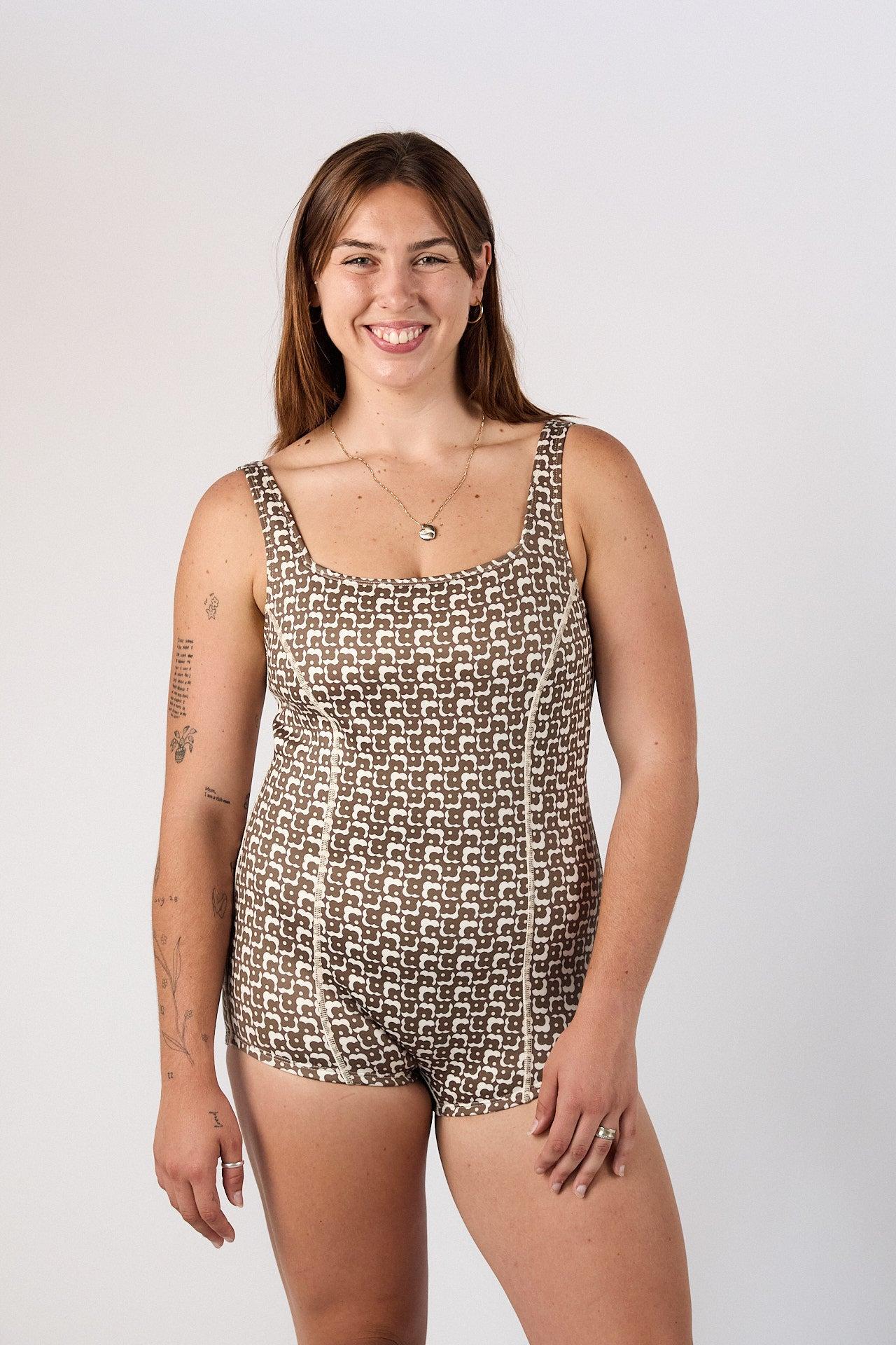 Model wearing Cindy Cocoa swimsuit