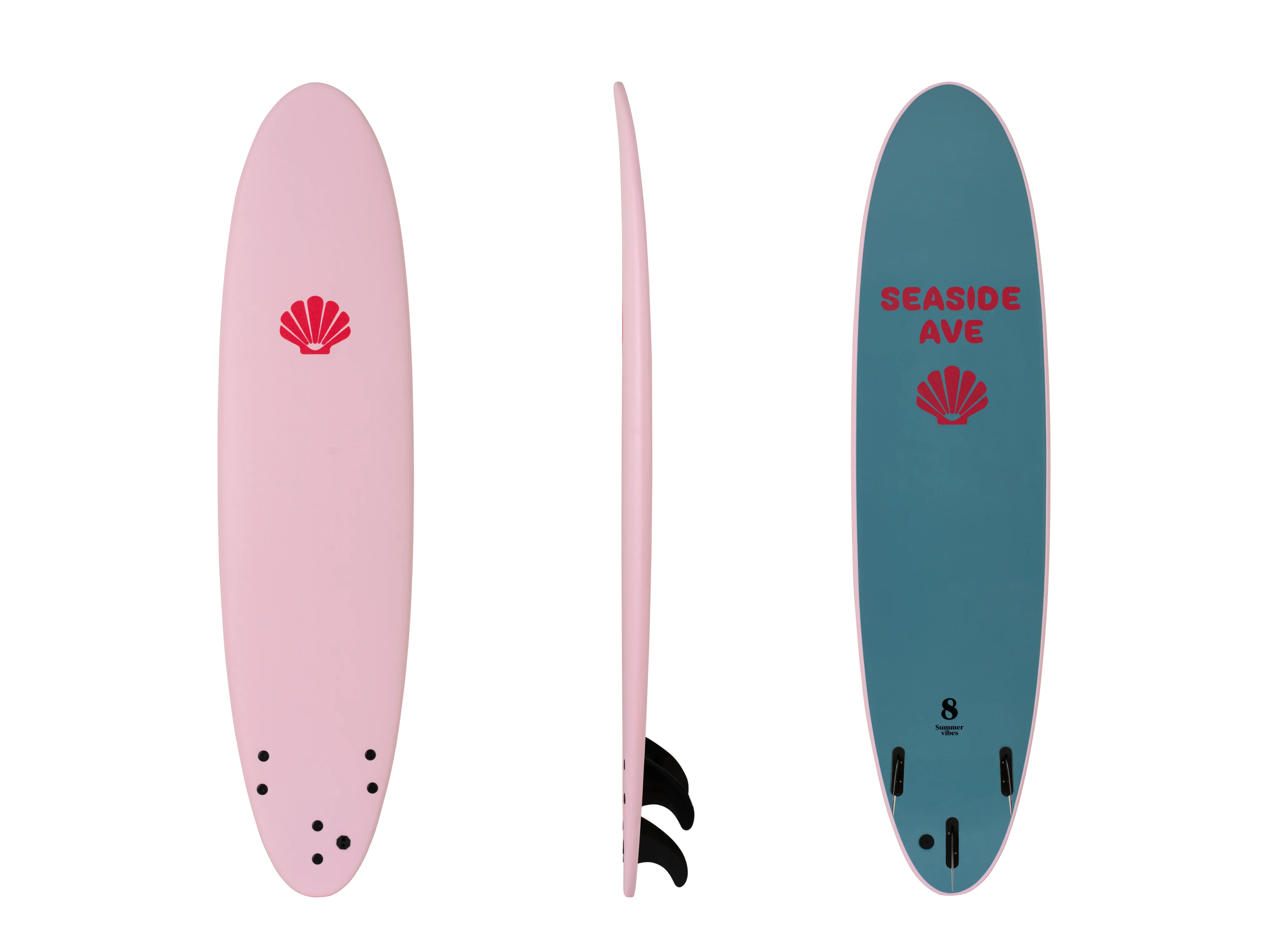 Pink surfboard with Seaside Ave logo