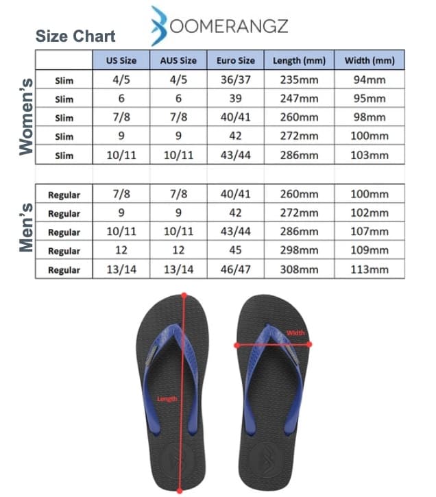 Boomerangz Size Chart