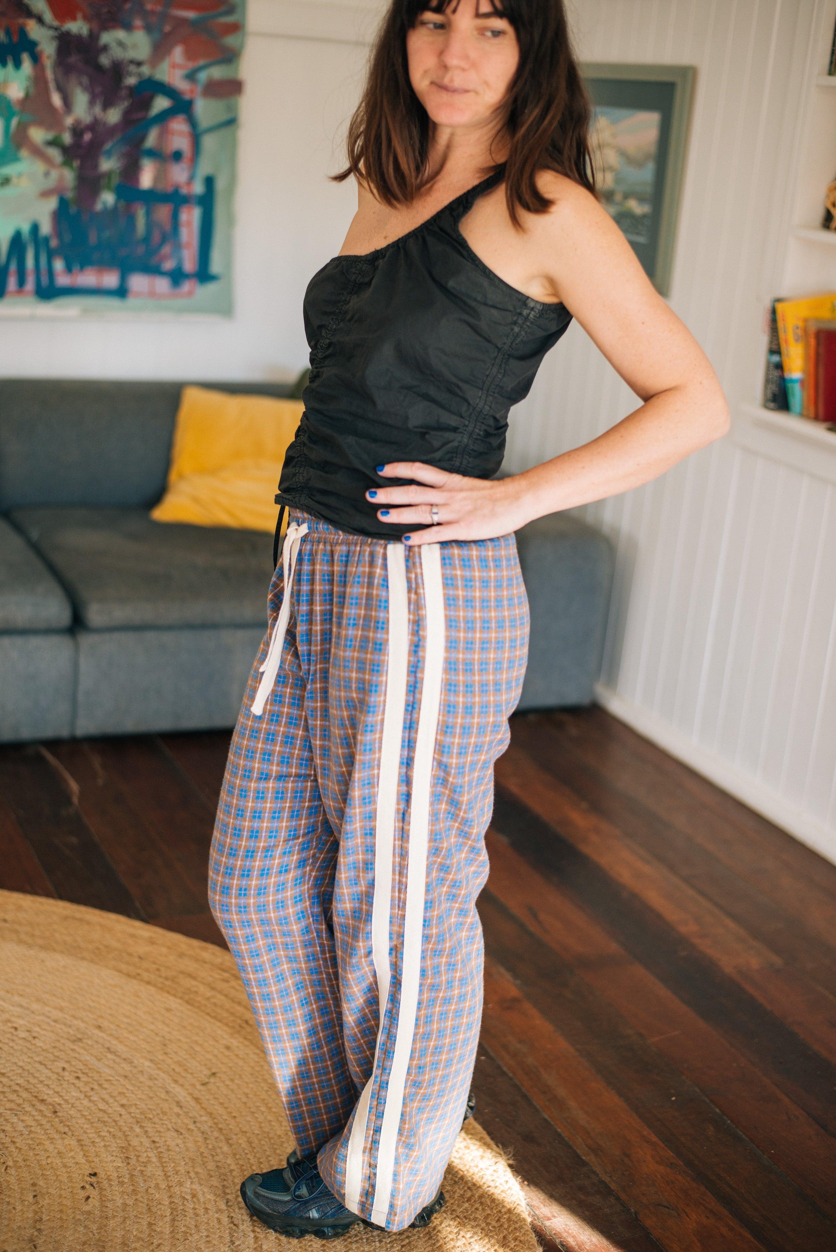 Flannel pants close-up indoors