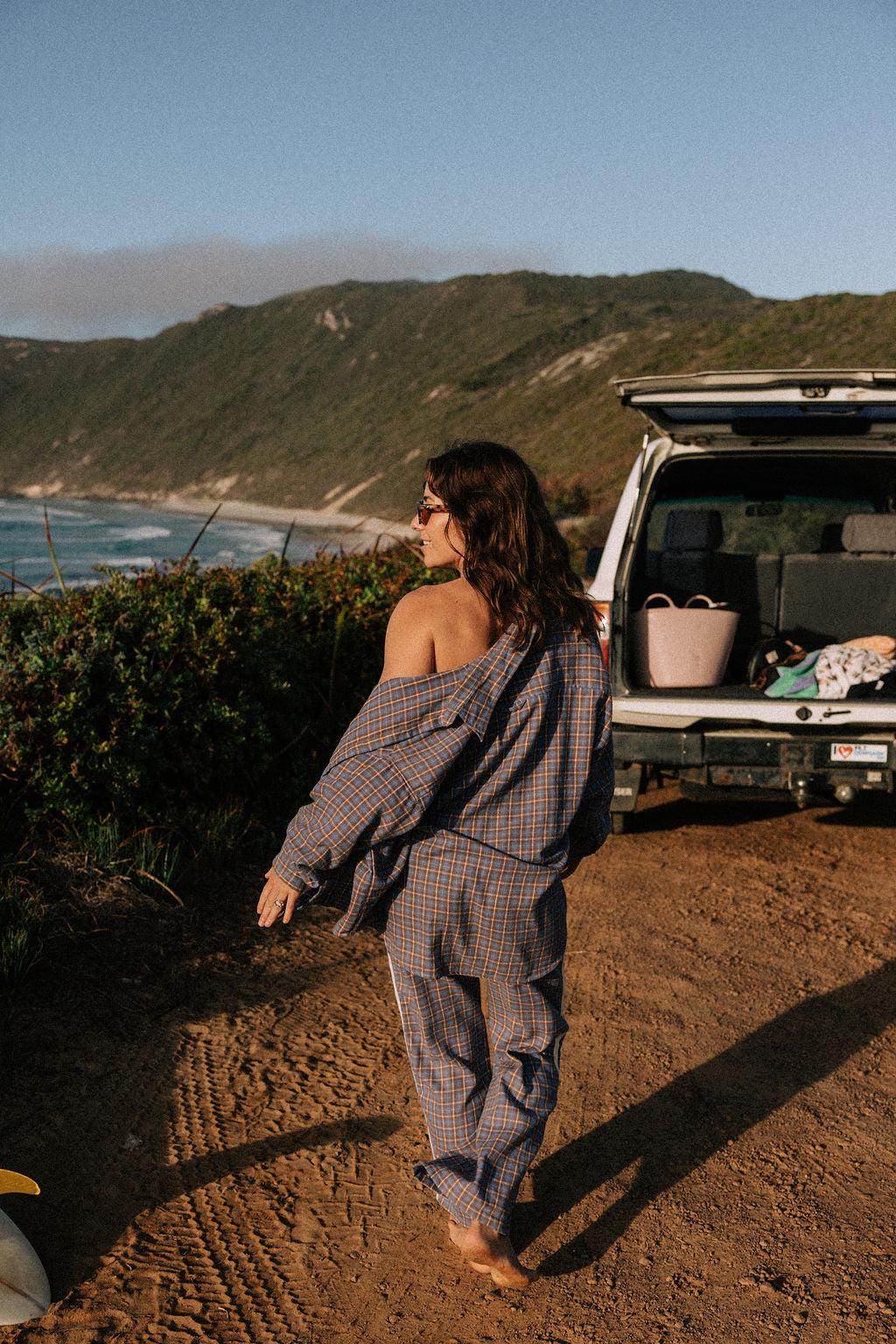 Flannel pants with surfboard rear