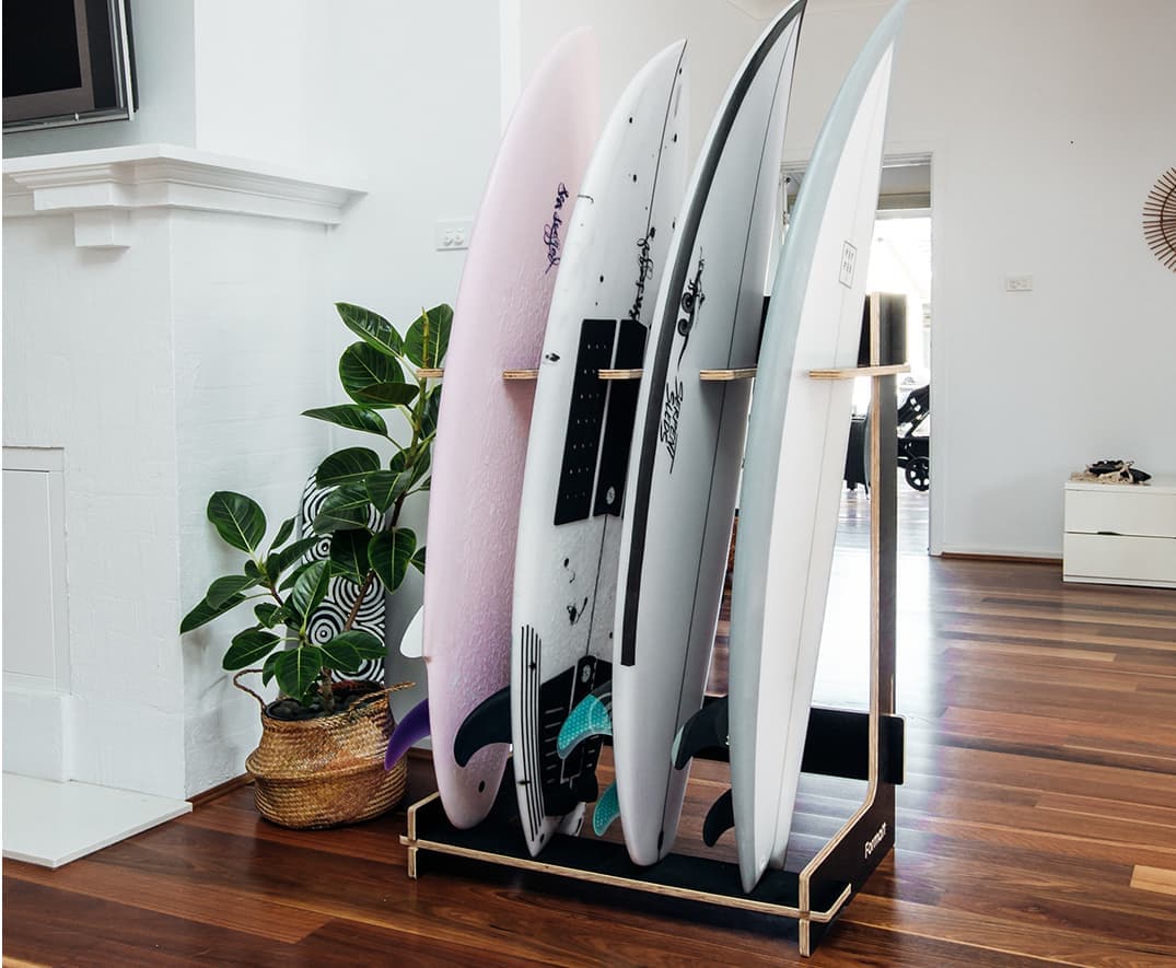 Formatt Q8 Freestanding Surfboard Rack Black with board indoor