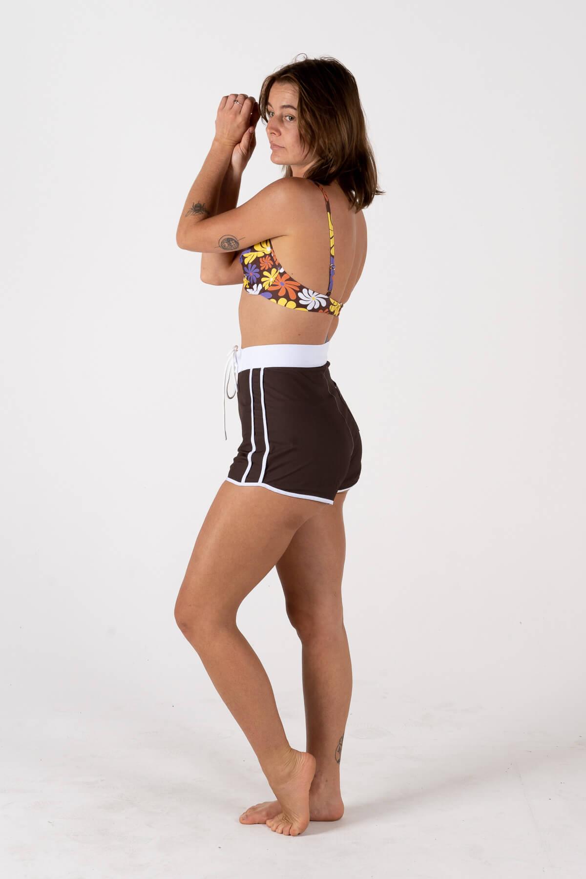 Back view of model wearing boardshorts