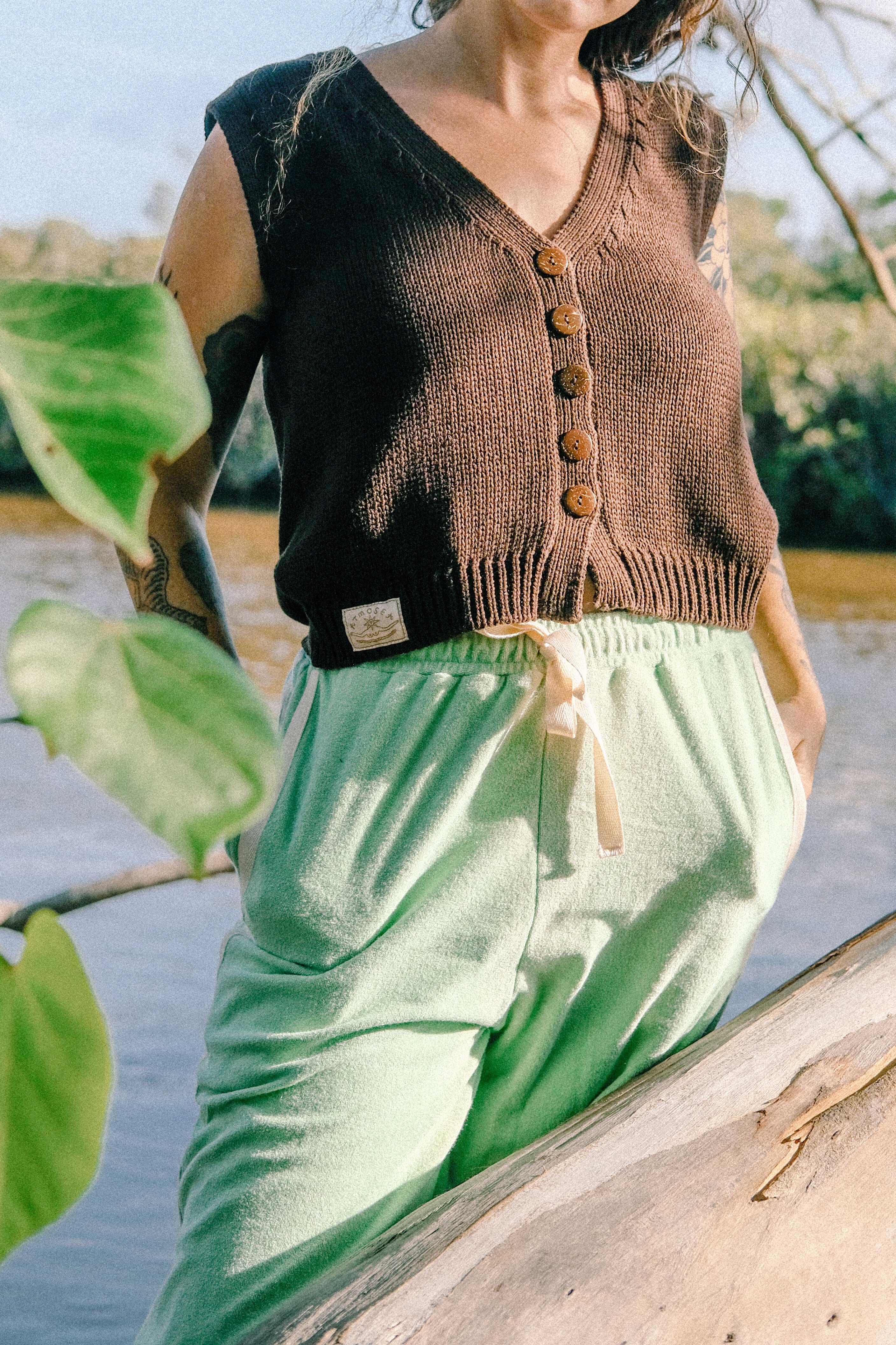 Model in Knit Vest, outdoor casual