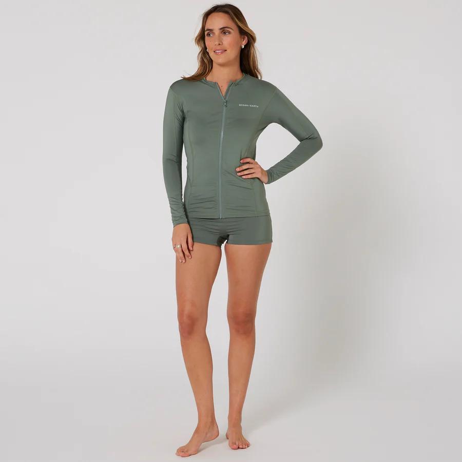 Ladies Oceana Long Sleeve Front Zip Lycra Vest - Olive
