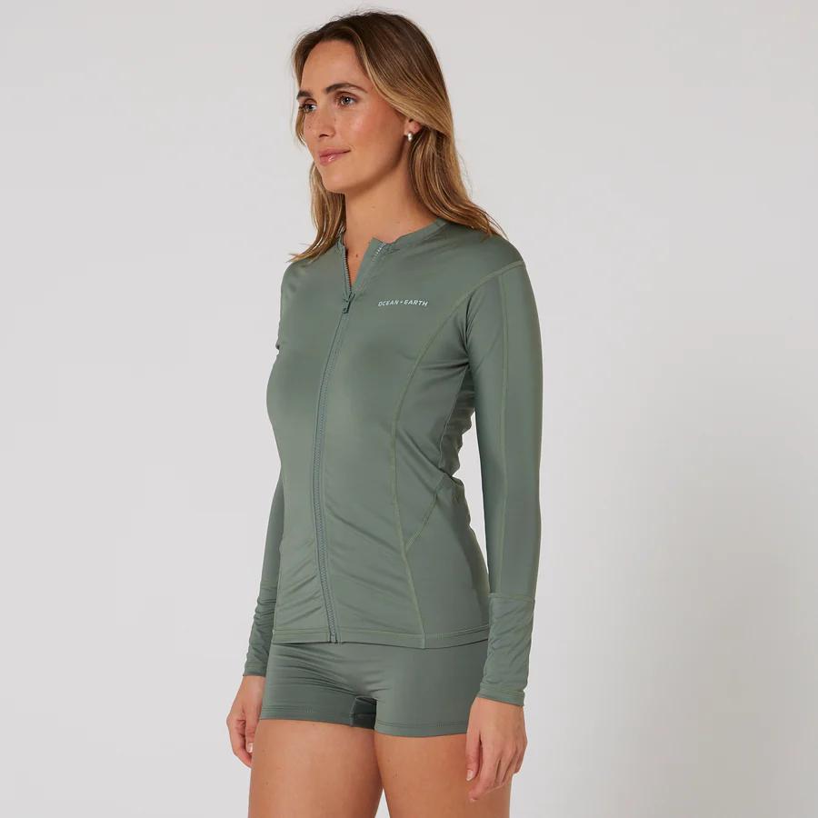 Ladies Oceana Long Sleeve Front Zip Lycra Vest - Olive