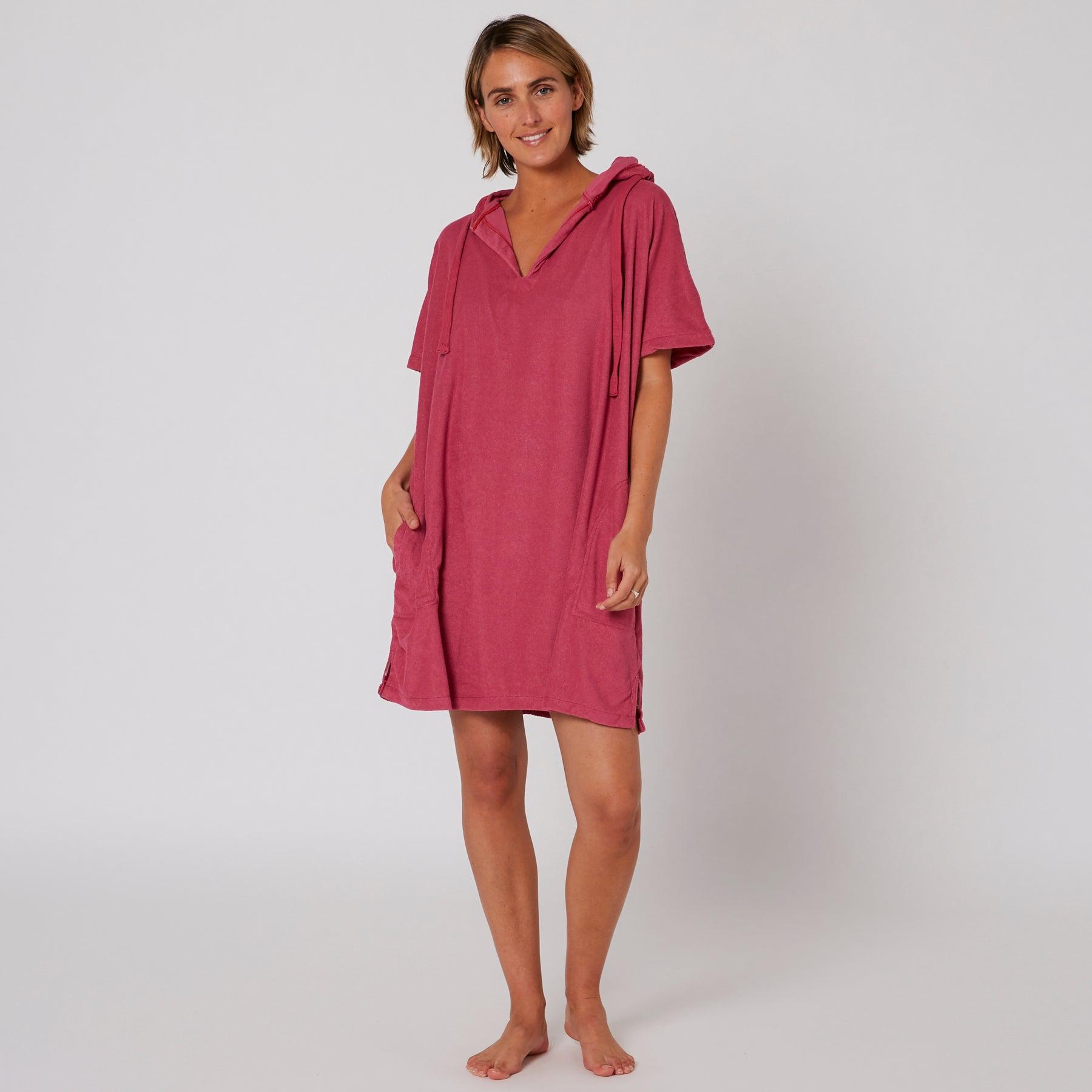 Ladies V Neck Hooded Poncho - Mauve