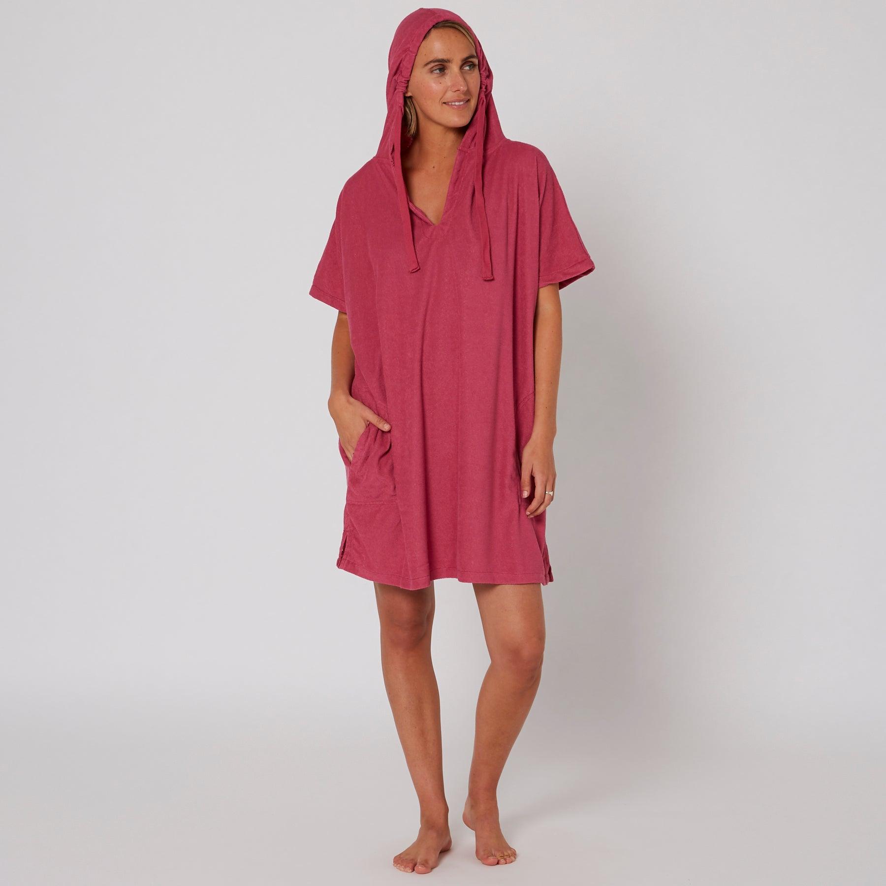 Ladies V Neck Hooded Poncho - Mauve