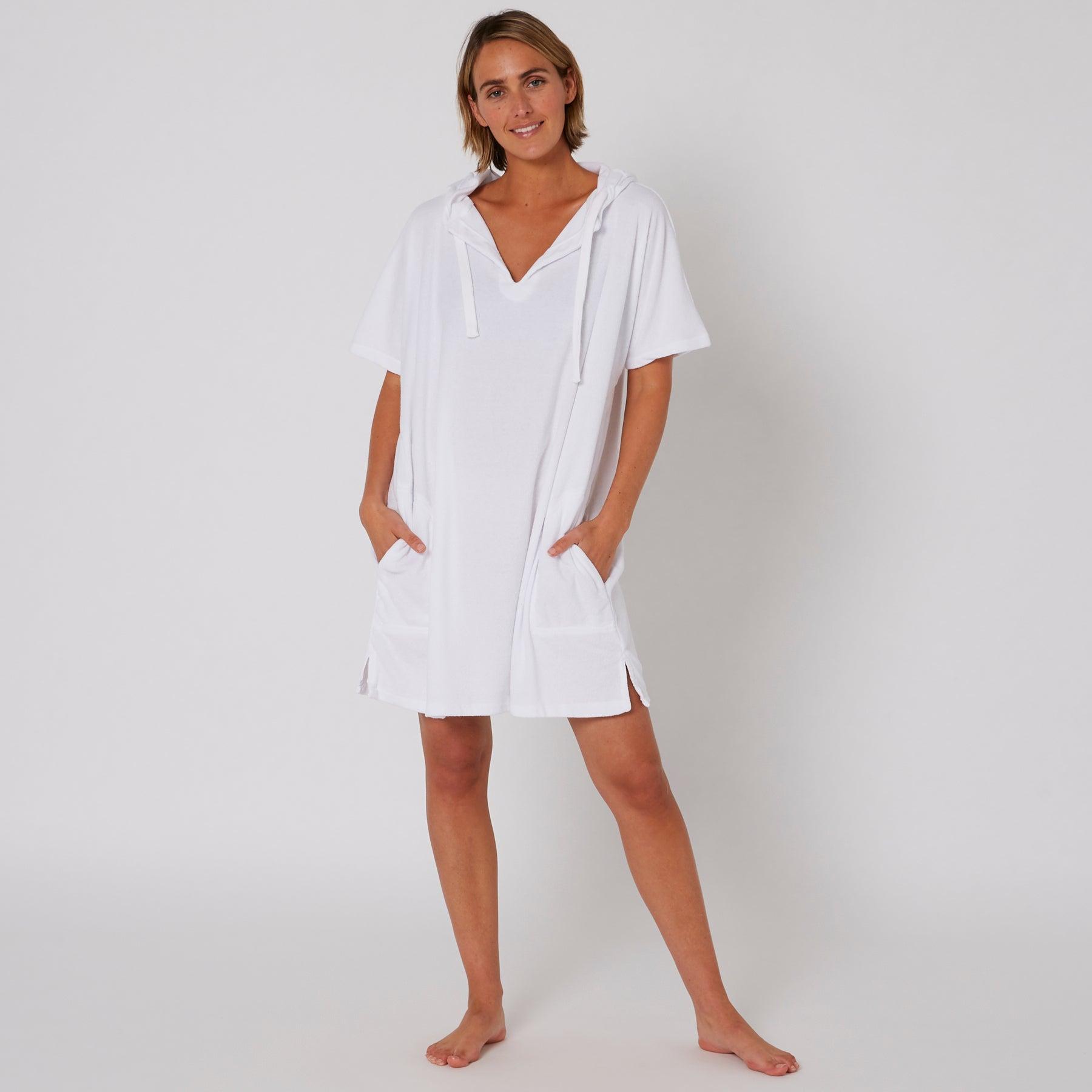 Ladies V Neck Hooded Poncho - White