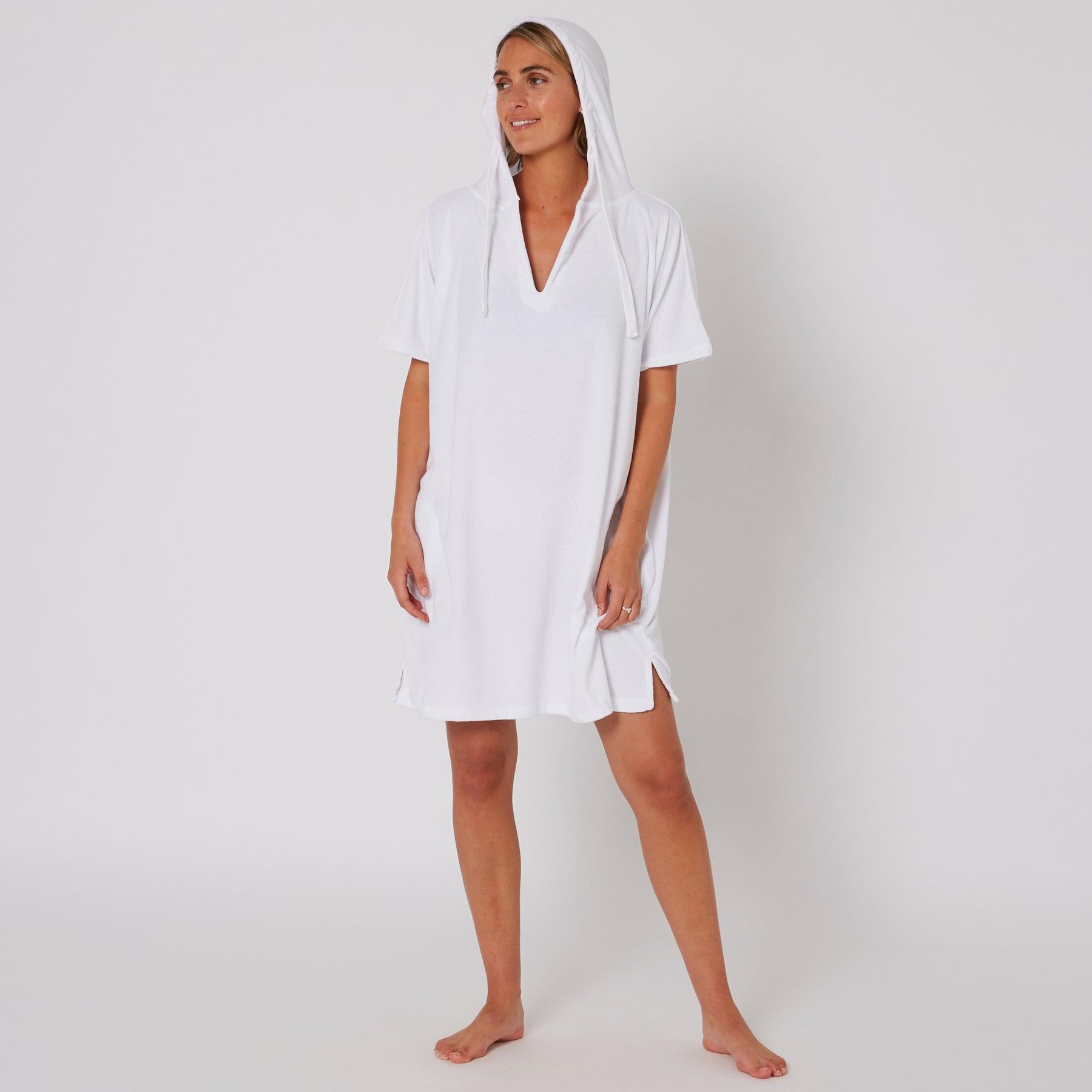 Ladies V Neck Hooded Poncho - White