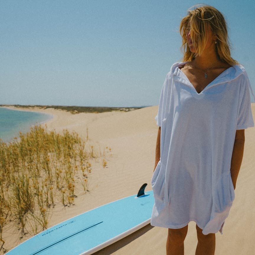 Ladies V Neck Hooded Poncho - White