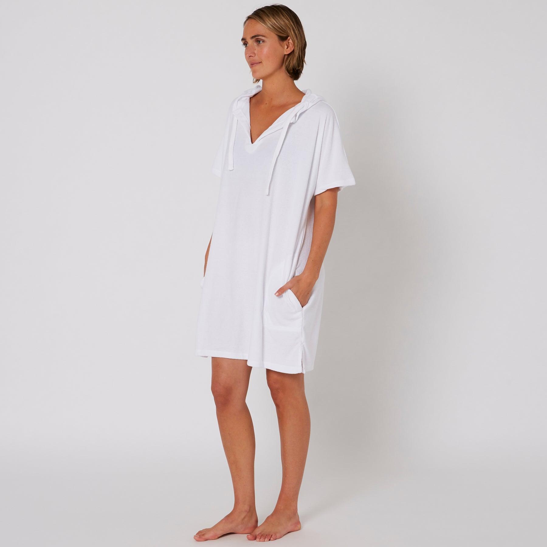 Ladies V Neck Hooded Poncho - White