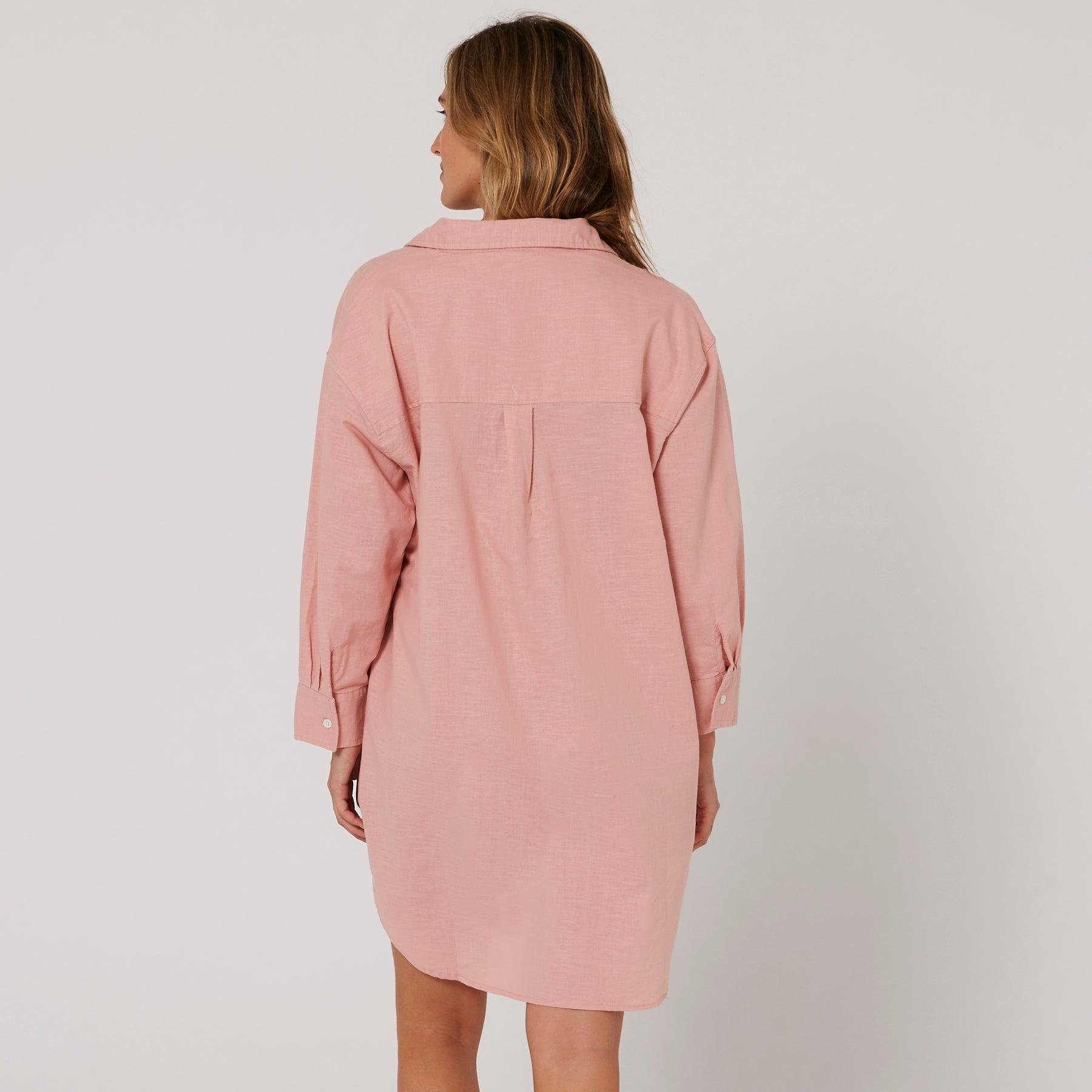 Linen OS LS Shirt Dress - Misty Rose