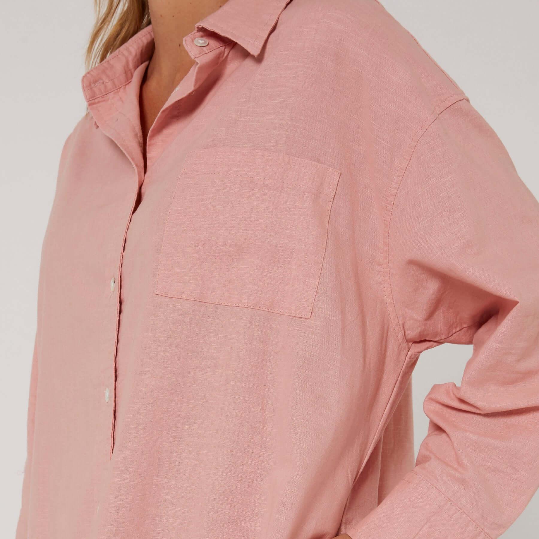 Linen OS LS Shirt Dress - Misty Rose