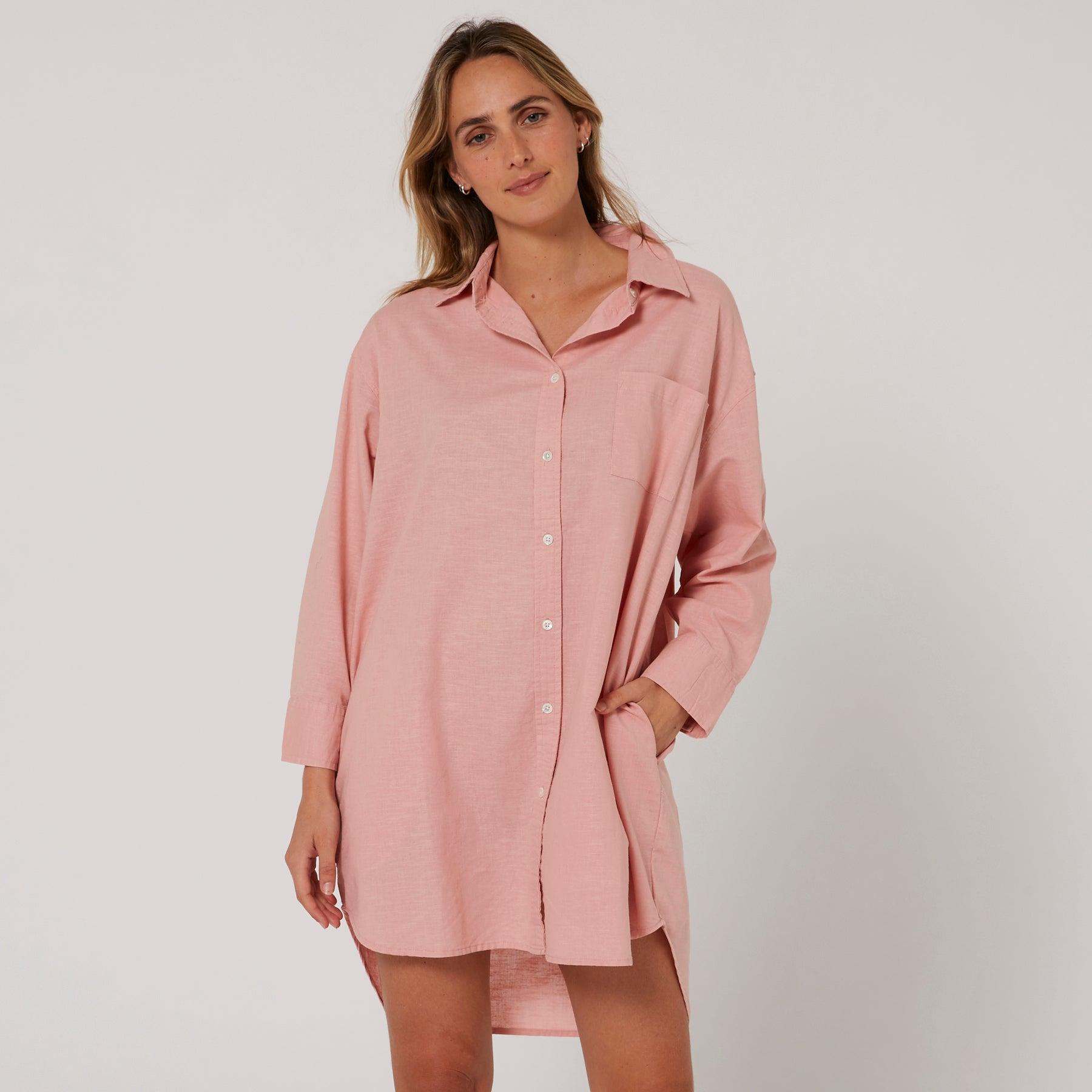 Linen OS LS Shirt Dress - Misty Rose