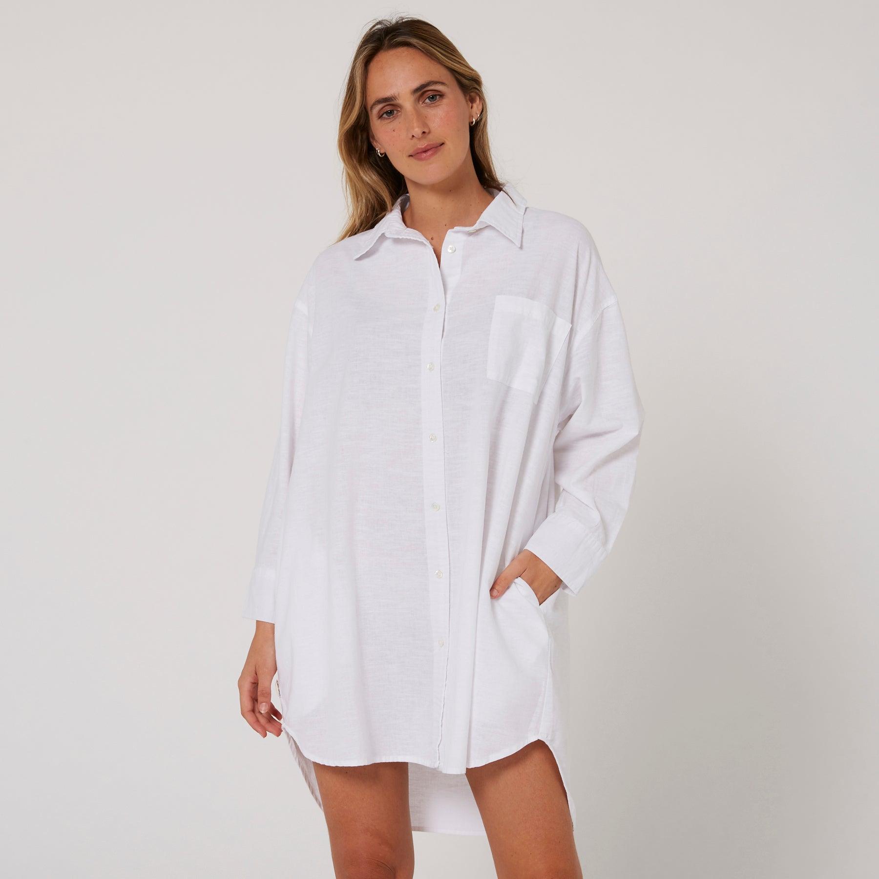 Linen OS LS Shirt Dress - White