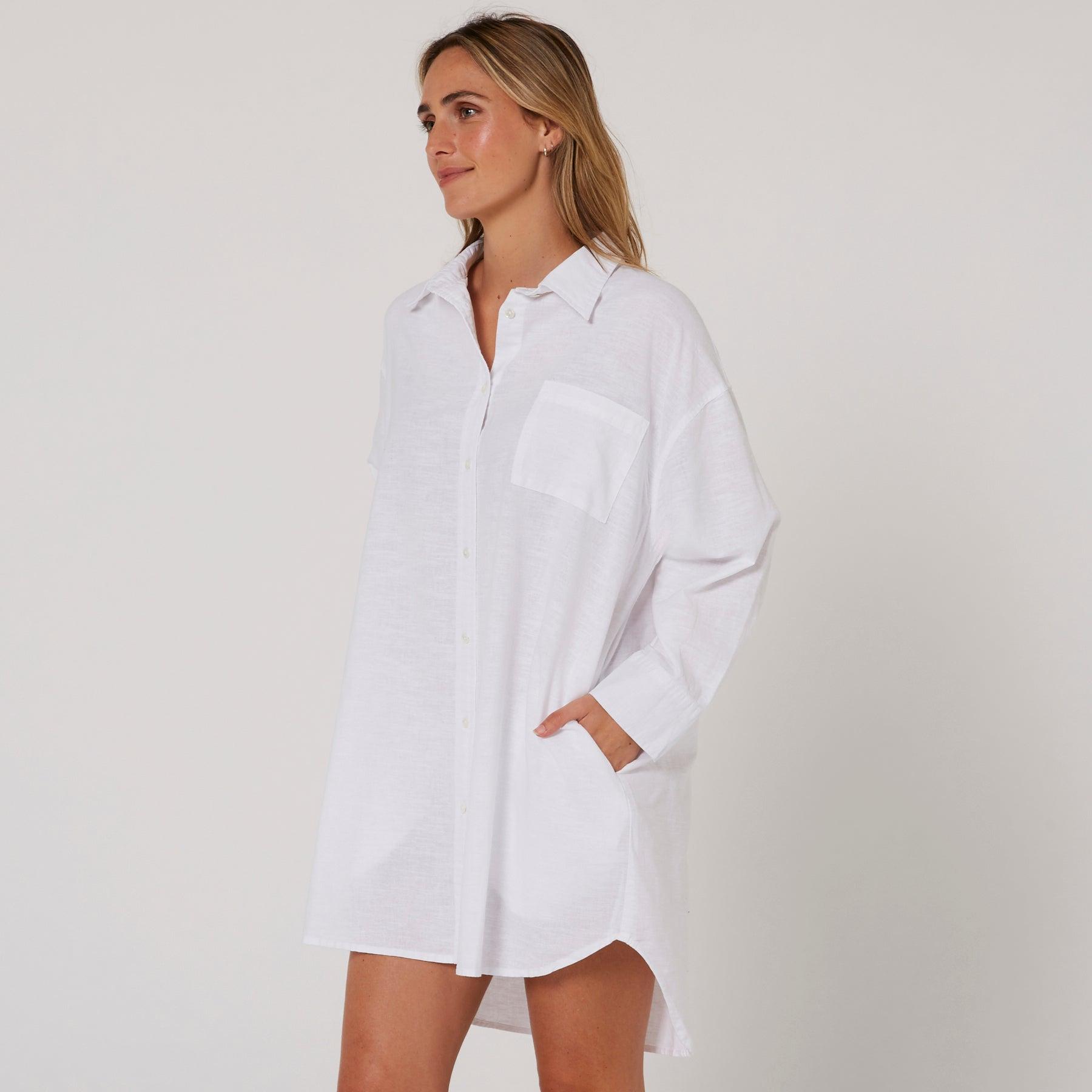 Linen OS LS Shirt Dress - White
