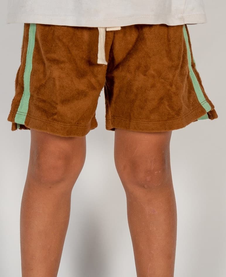 Mini Terry Towelling Shorts in Brown with Mint Stripe