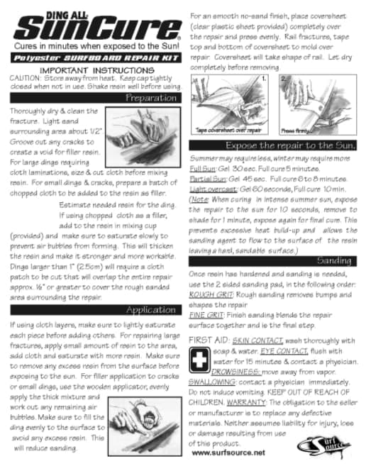 SunCure Ding Repair Kit Polyester (PU) instructions