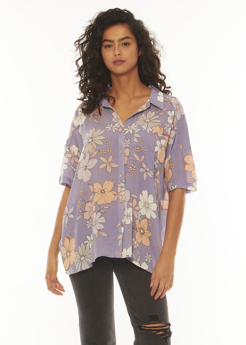 Stay Stoked Ss Woven Top - Lilac Smoke