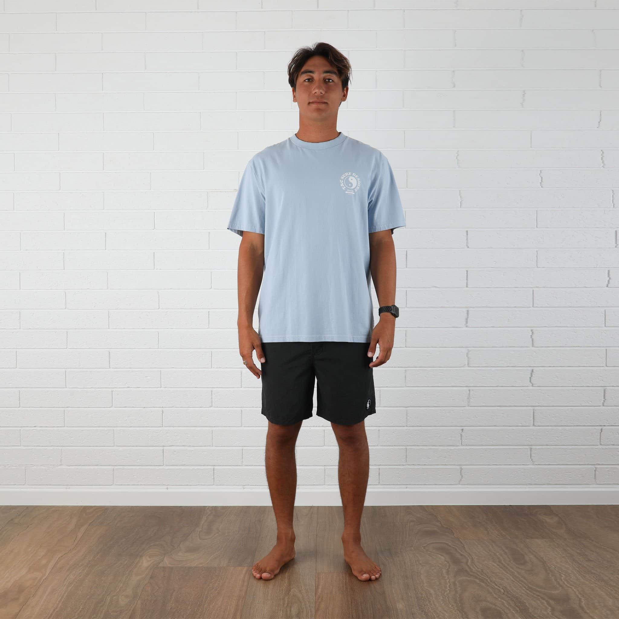 T&C Sunset Tee - Light Blue front when worn