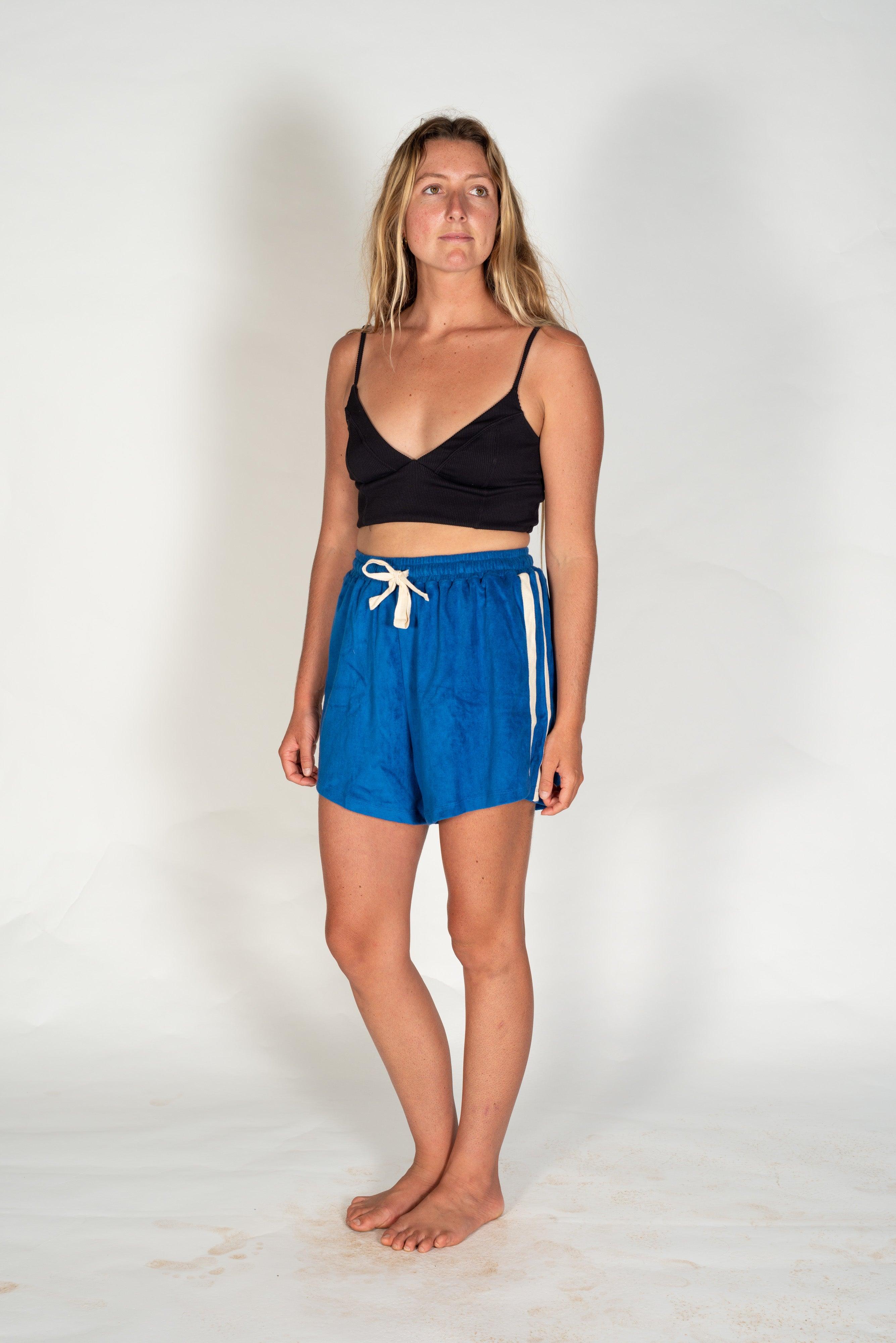 Side view of Cobalt Terry Towelling Shorts
