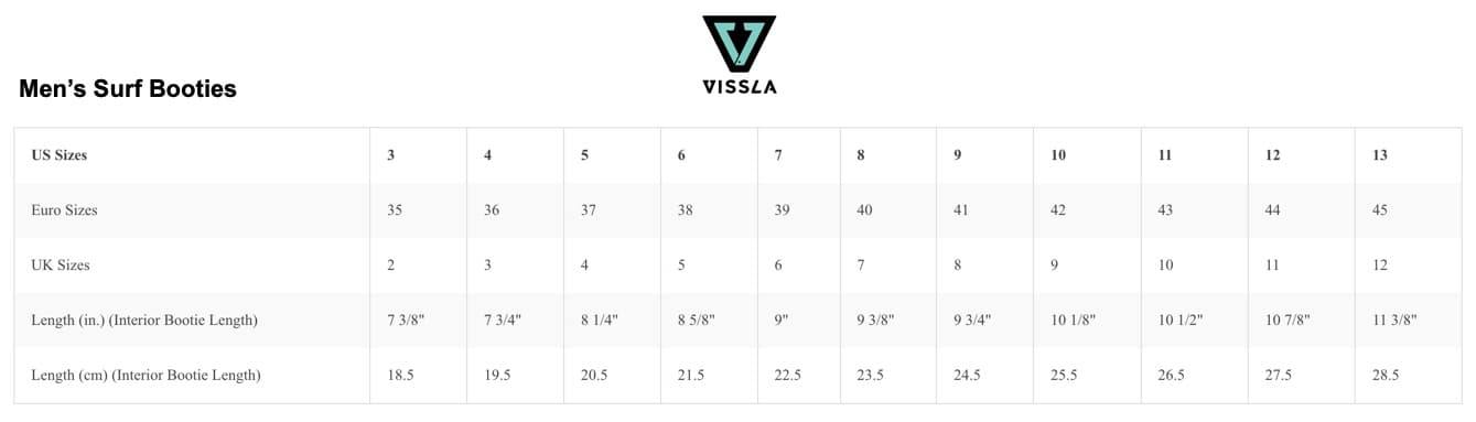 Vissla Men's Surf Boot Size Chart