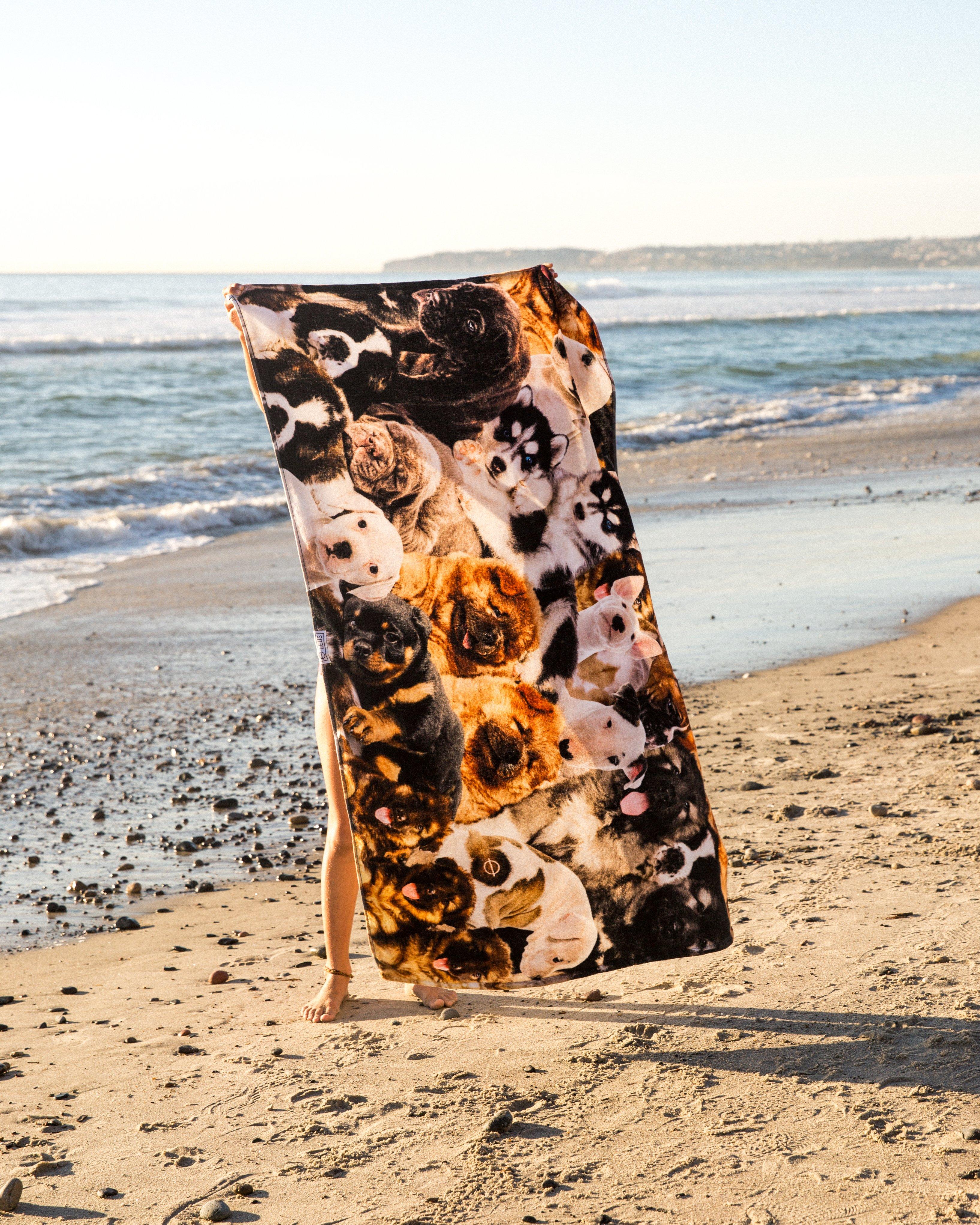 LEUS Puppy Party Beach Towel at the beach
