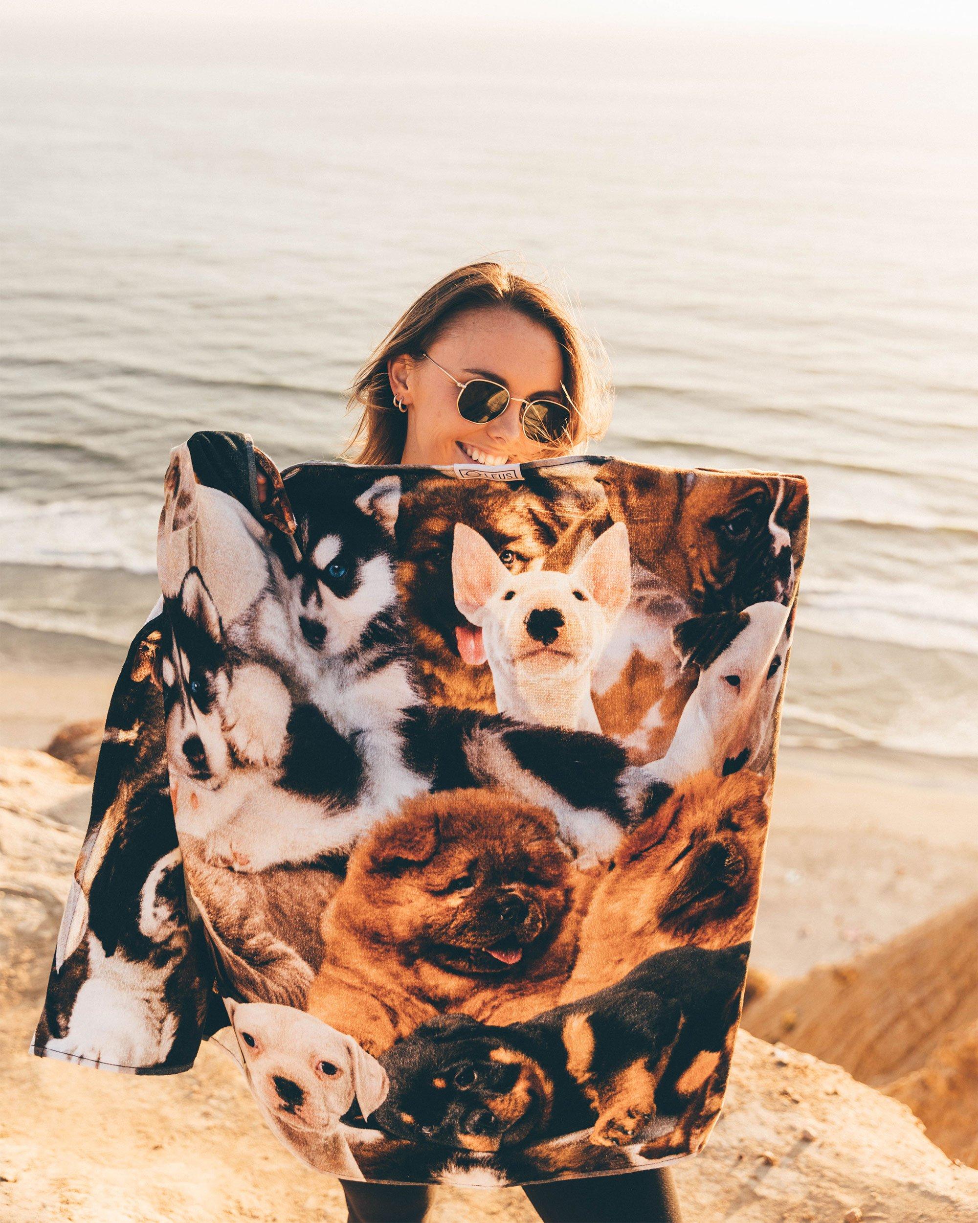 LEUS Puppy Party Beach Towel at the beach