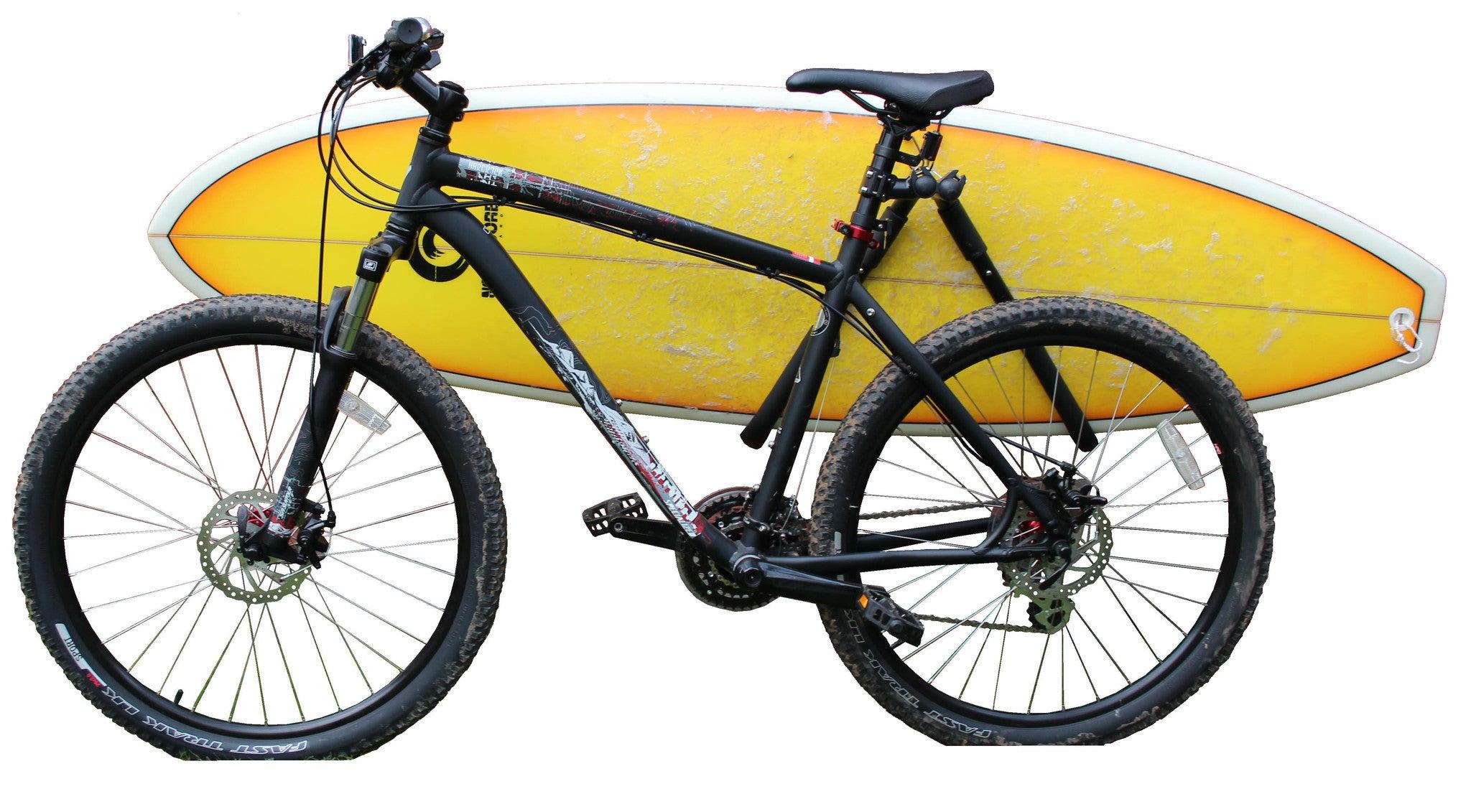 Curve Surfboard Bike Rack holding a surfboard