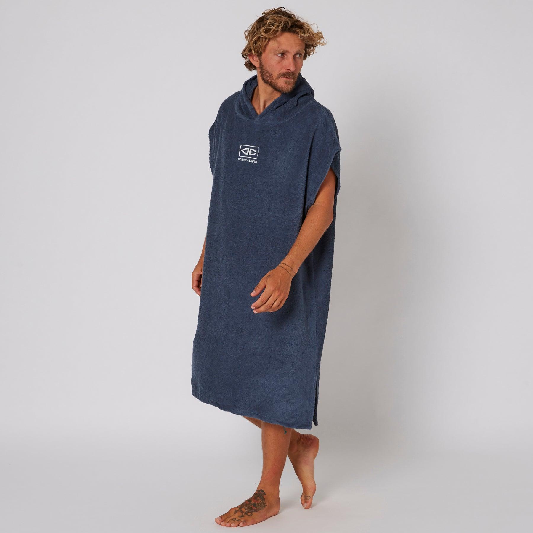 Mens Navy Terry Hooded Poncho Side View