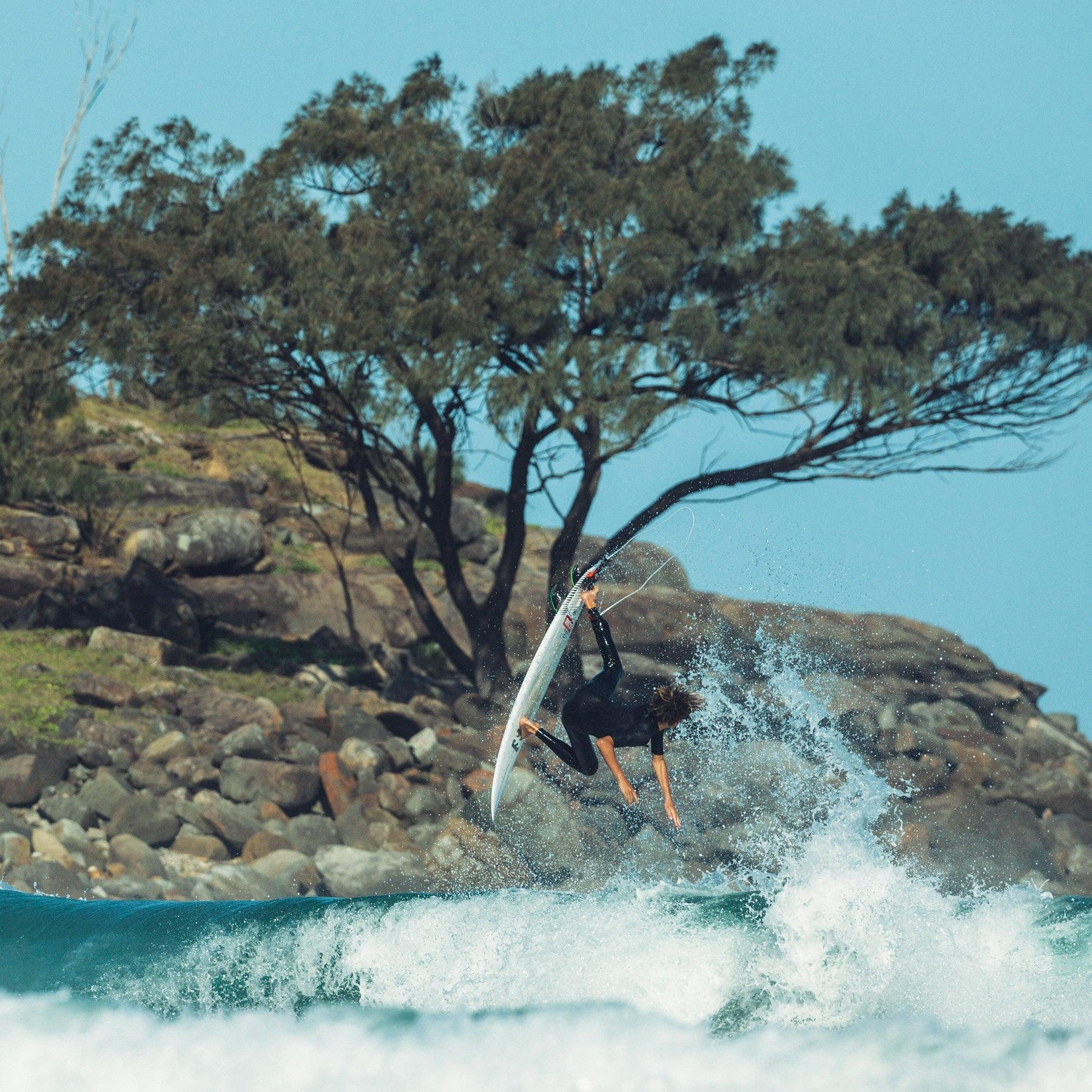 Harley Waters testing the Diamond Flex surfboard leash by Ocean and Earth