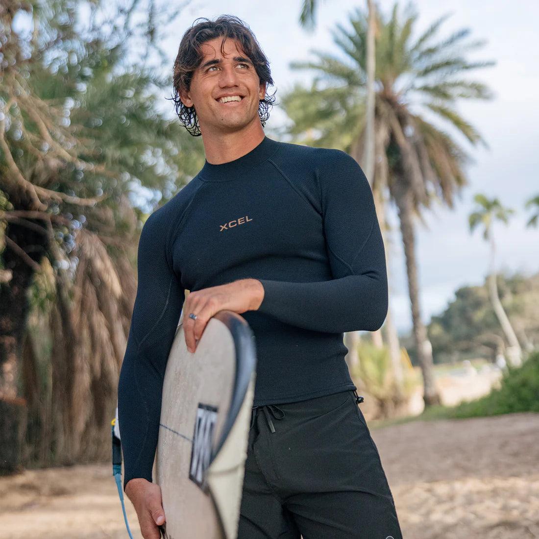 Man in wetsuit holding surfboard