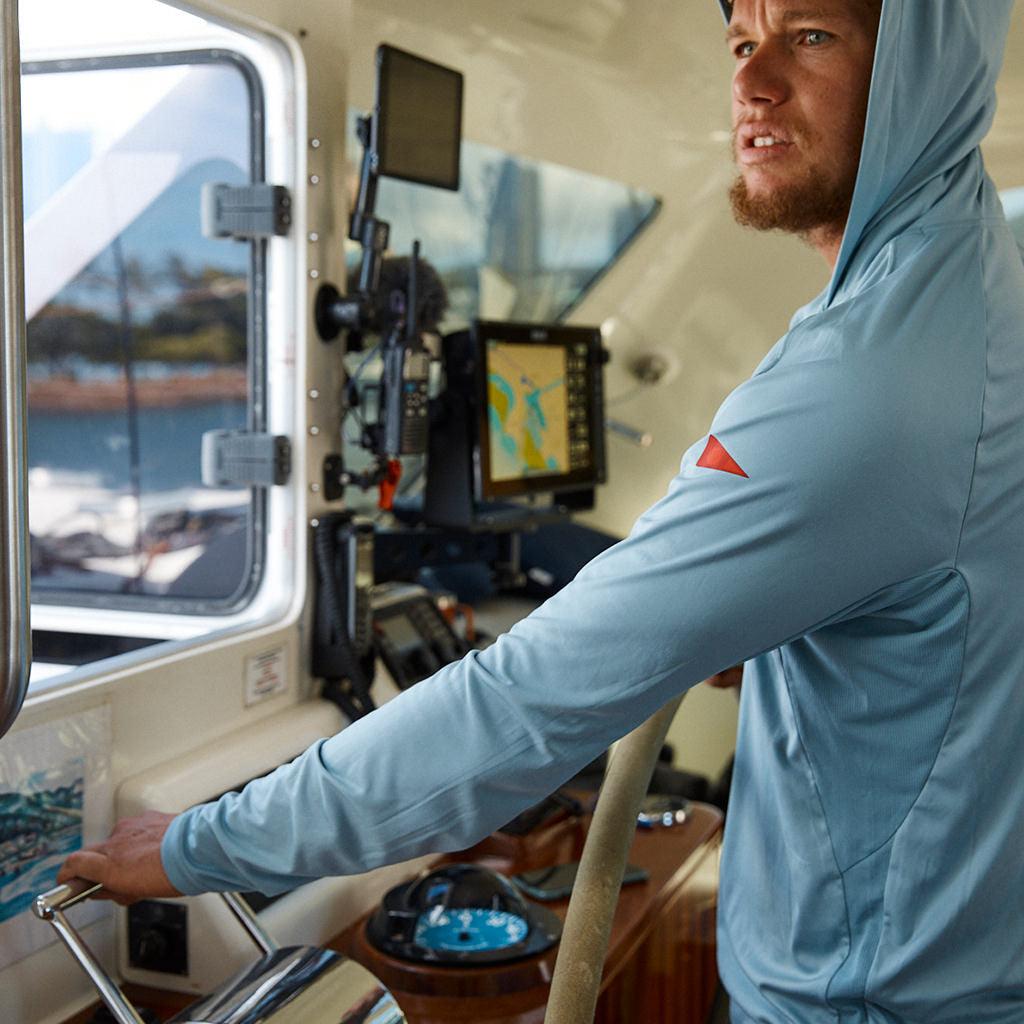 Florence Marine X Long Sleeve Hooded UPF Shirt - Steel Blue on model yatch