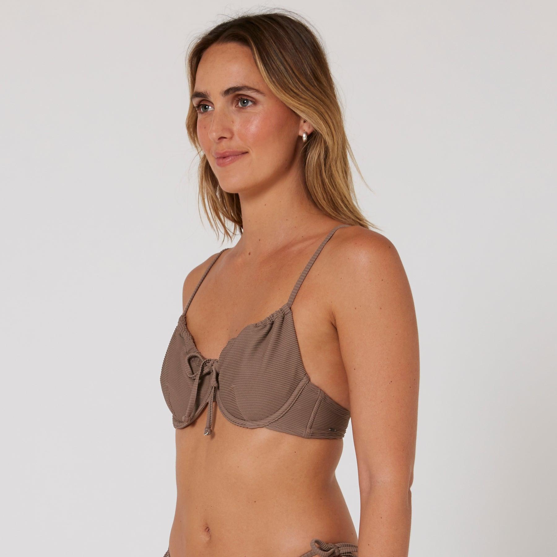Hyams-Rib Tie Front Top - Mocha