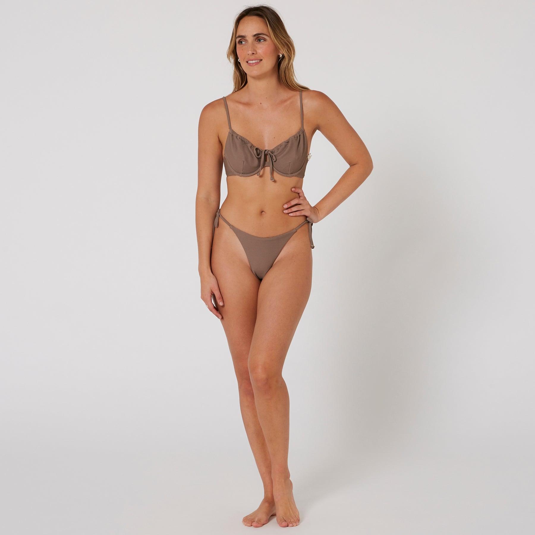 Hyams-Rib Tie Front Top - Mocha