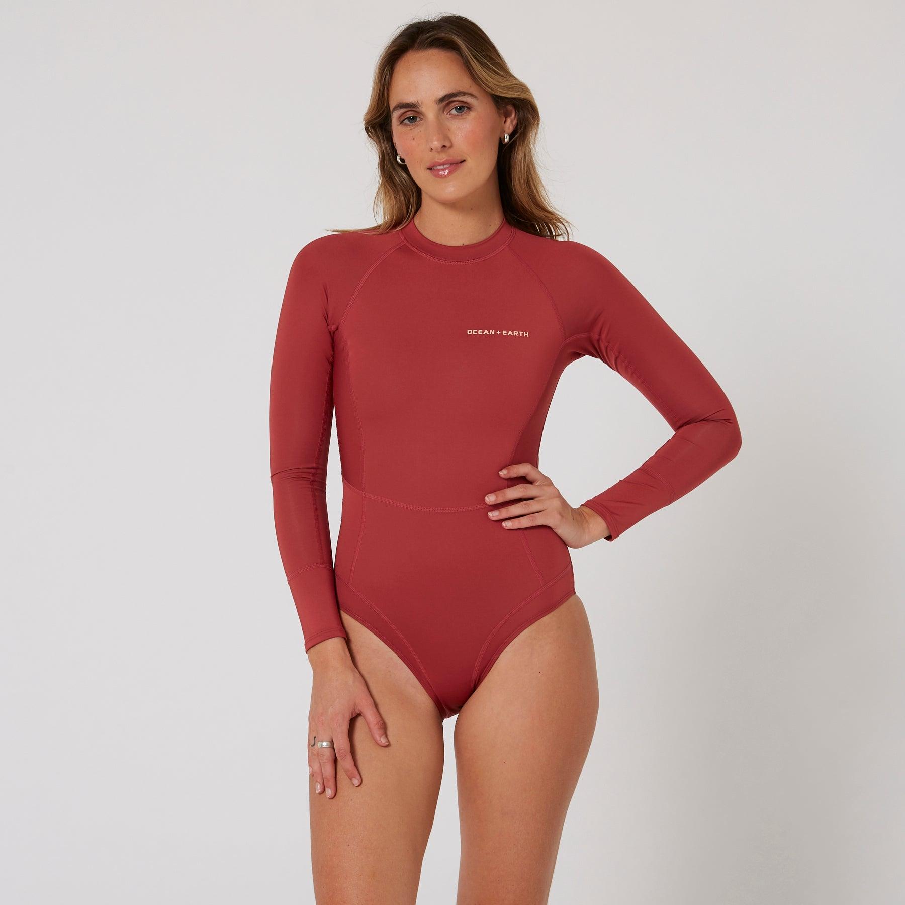 Ladies Oceana Long Sleeve Back Zip Lycra Suit - Redwood