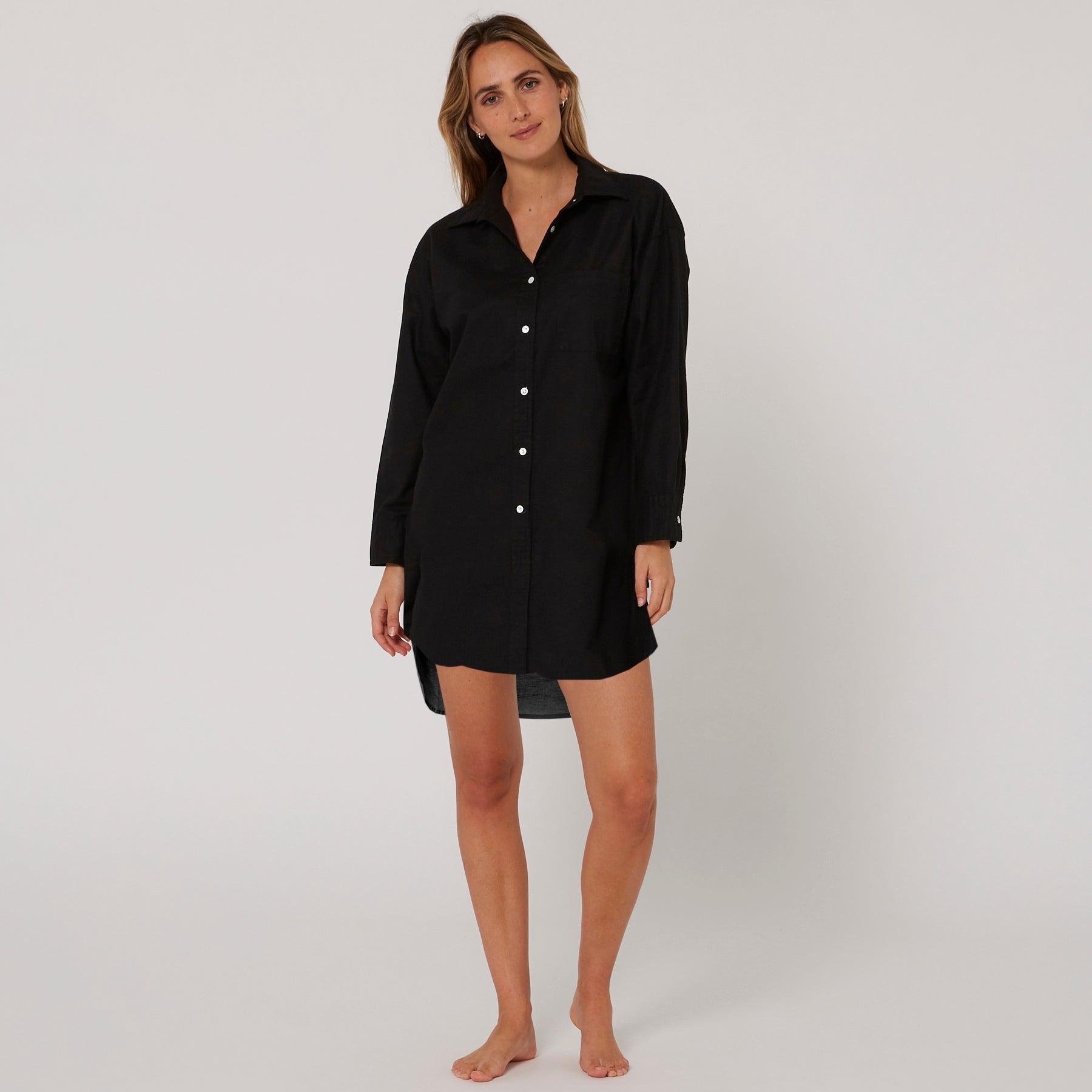 Linen OS LS Shirt Dress - Black