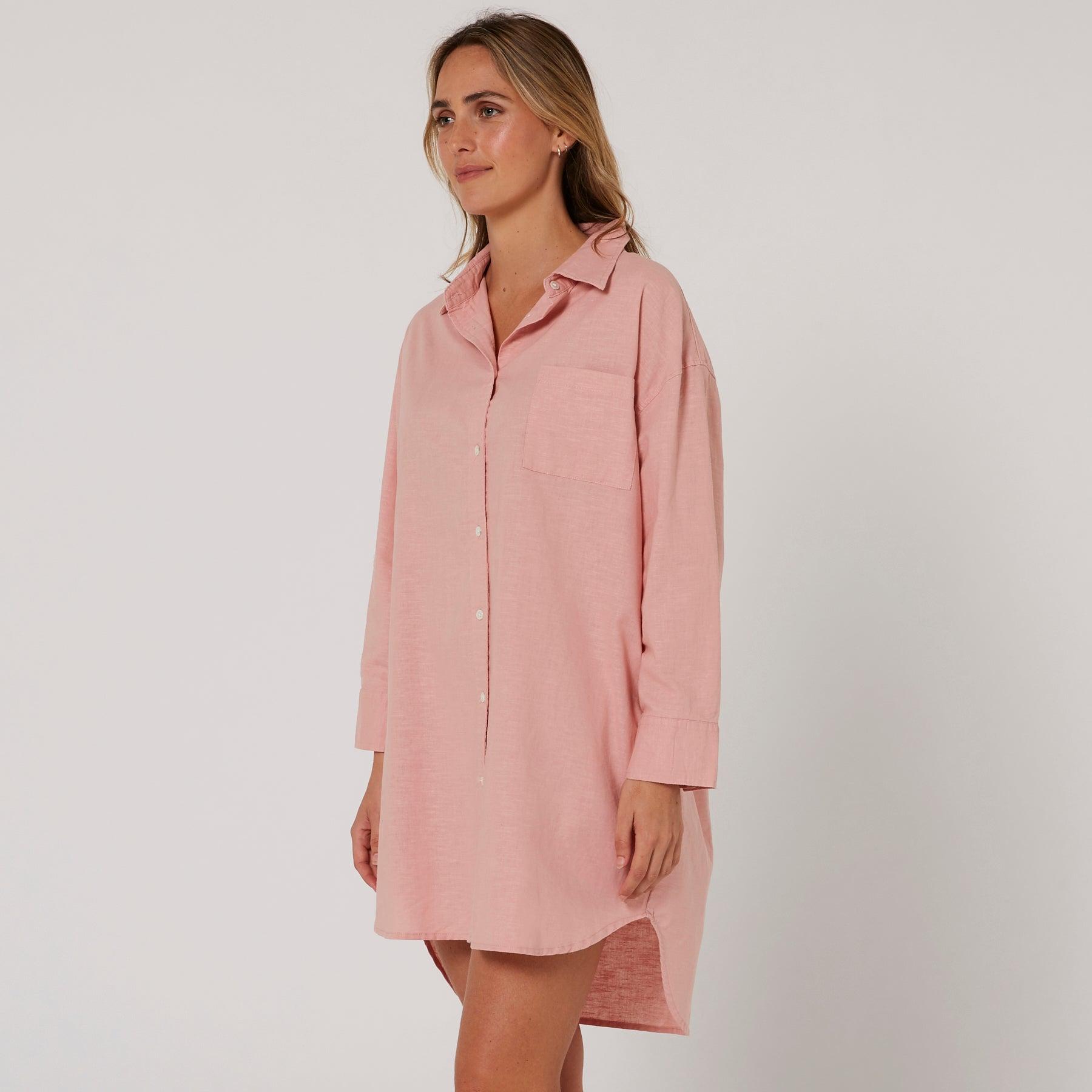 Linen OS LS Shirt Dress - Misty Rose